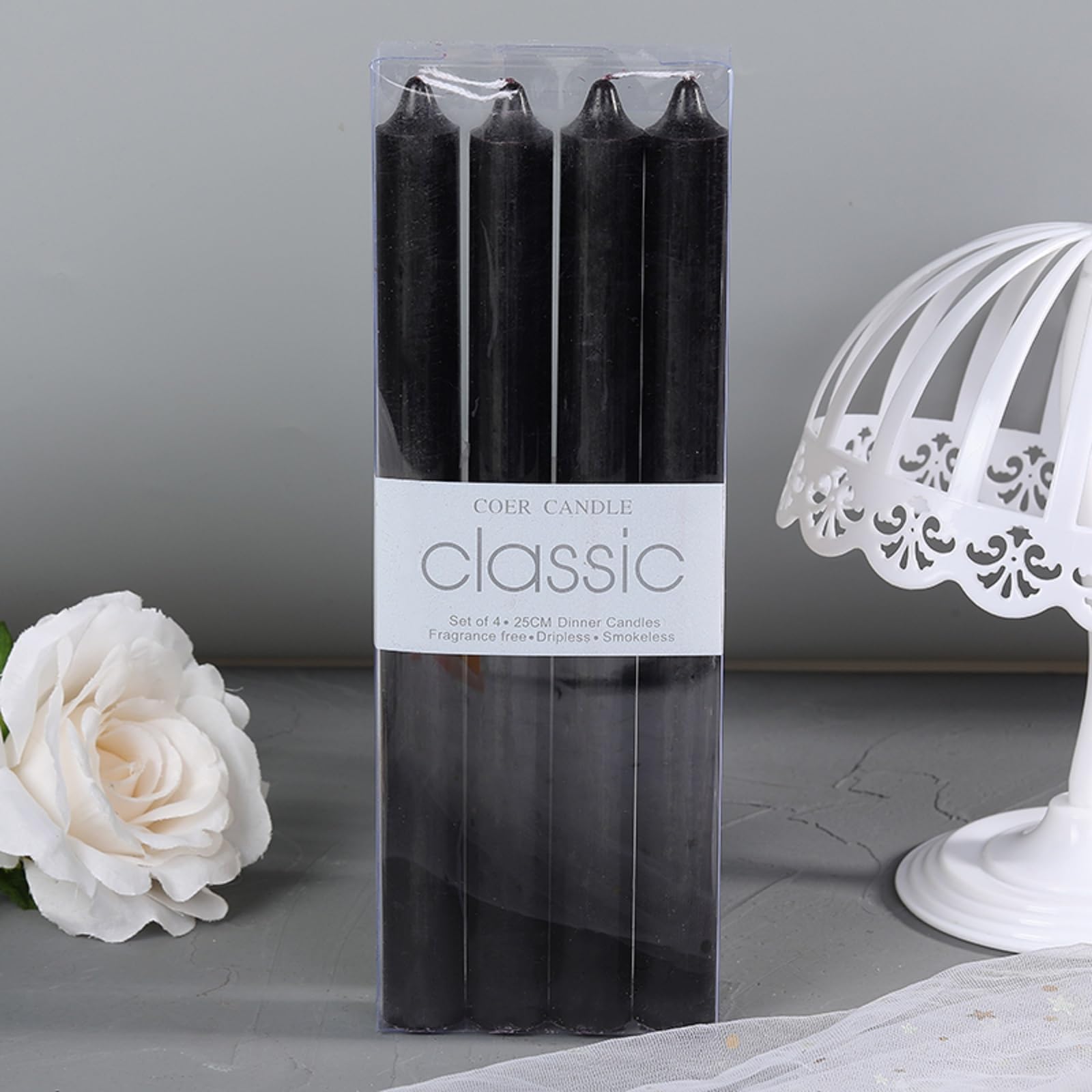 8 inch black Taper Candles-Set of 4 Tapered Candle, Tall Candlesticks,Dripless and Smokeless,Home Dinner candle, Party, Wedding,