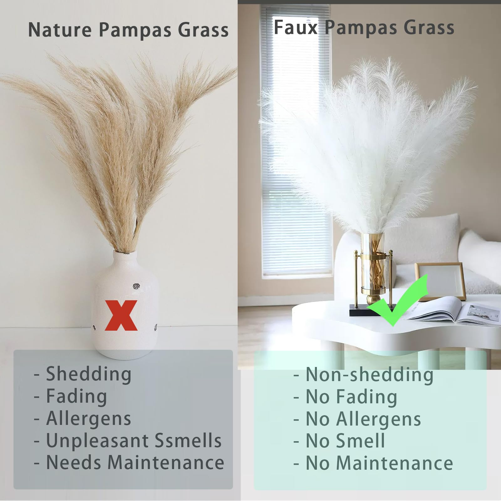 Bnecnet 10 Stems White Pampas Grass Fluffy - 17.7'' Faux Pampas Grass Decor Small Pampas Grass Fluffy Pompas Floral Arrangement