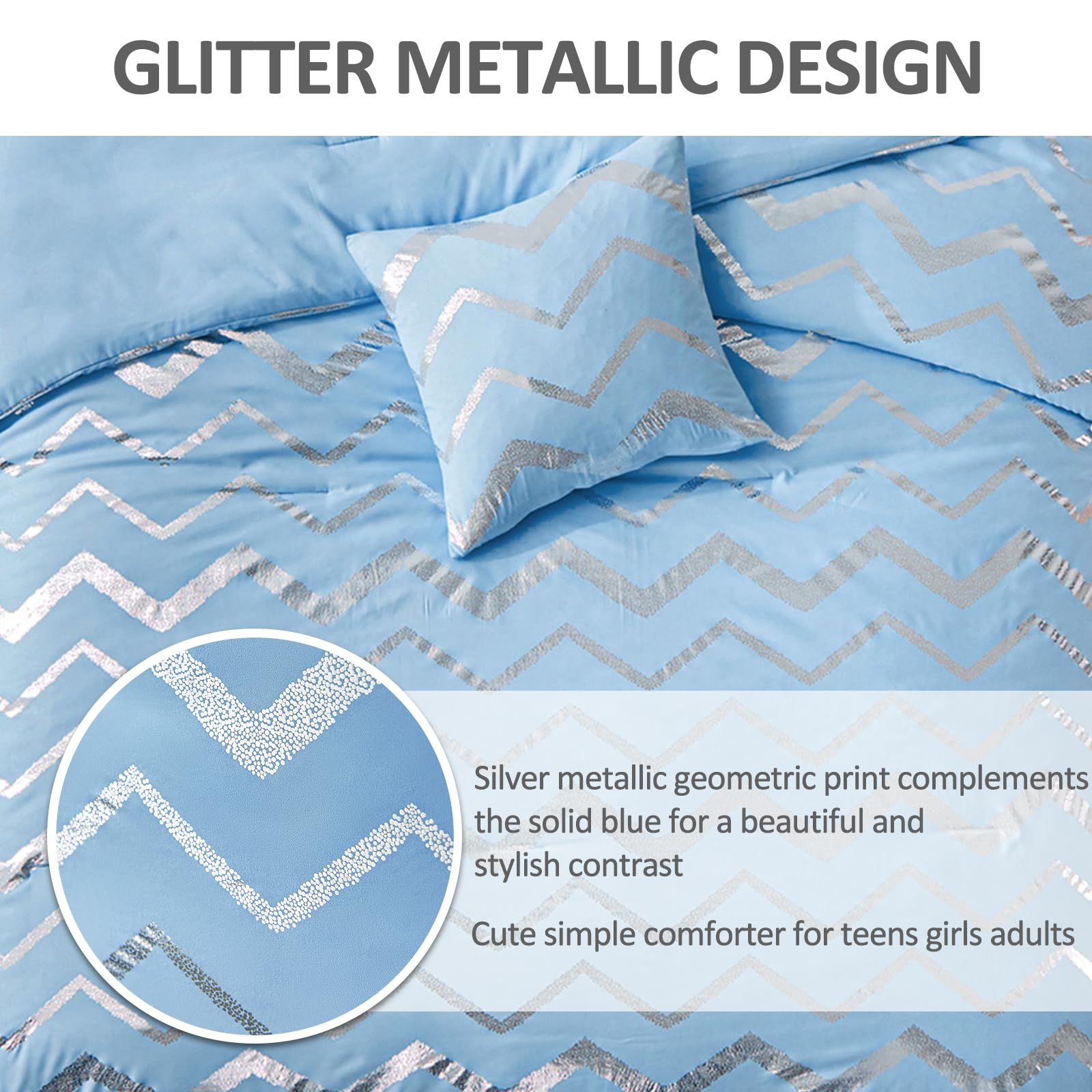 Menghomeus Blue/Silver Comforter Set Queen/Full Size Metallic Print Glitter Bedding Set Cute Shinny Bed Sets For Teen Girls Kids