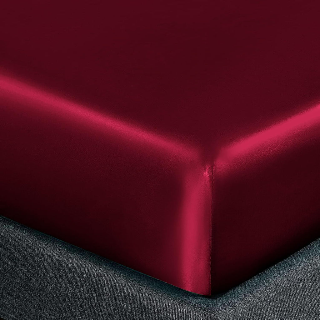 Homiest Burgundy Satin Fitted Sheet Queen Size Fitted Bed Sheet, Deep Pocket Fitted Sheet Only, Luxury & Ultra Soft Bedding Fitted Sheet Single Bottom Bed Sheets Sold Separately