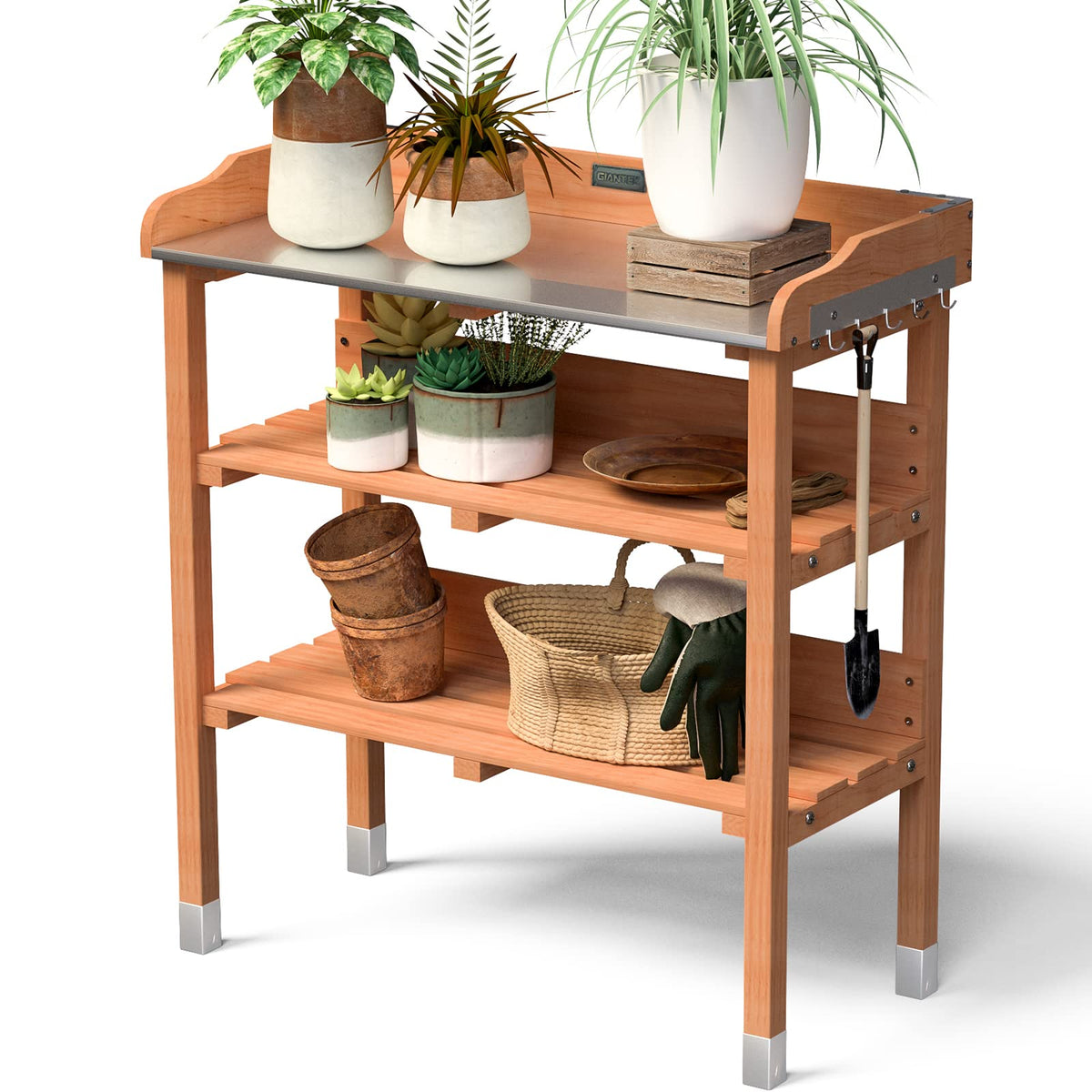 Giantex Garden Potting Bench, Outdoor Wood Workstation Table With Galvanized Steel Tabletop, 5 Hooks, 2-Tier Storage Shelves, Ou