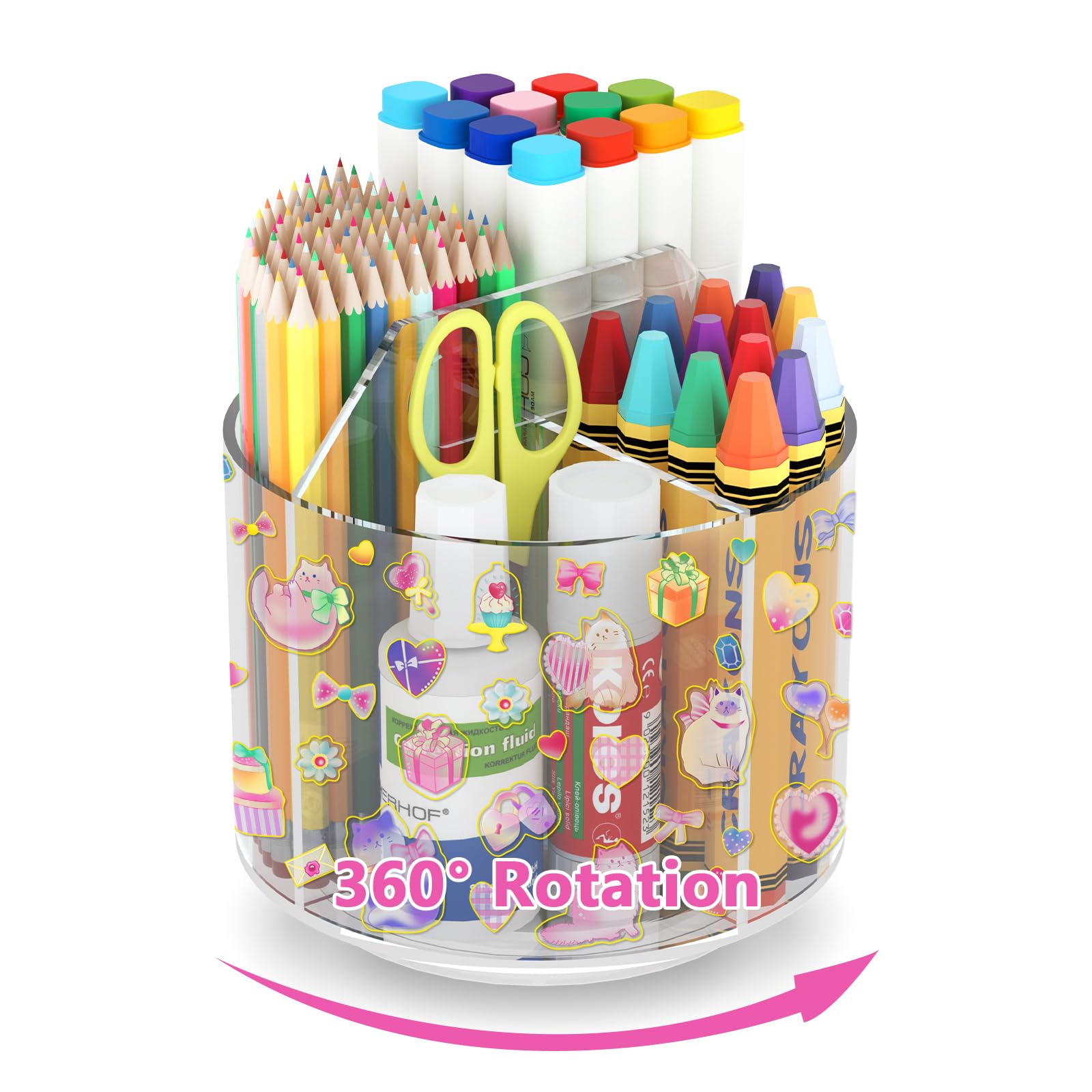Wawocs Acrylic Pencil Organizer For Desk 4 Compartments With Adhesive Diy Sticker, Rotating Art Supply Organizer With Kawaii Sti