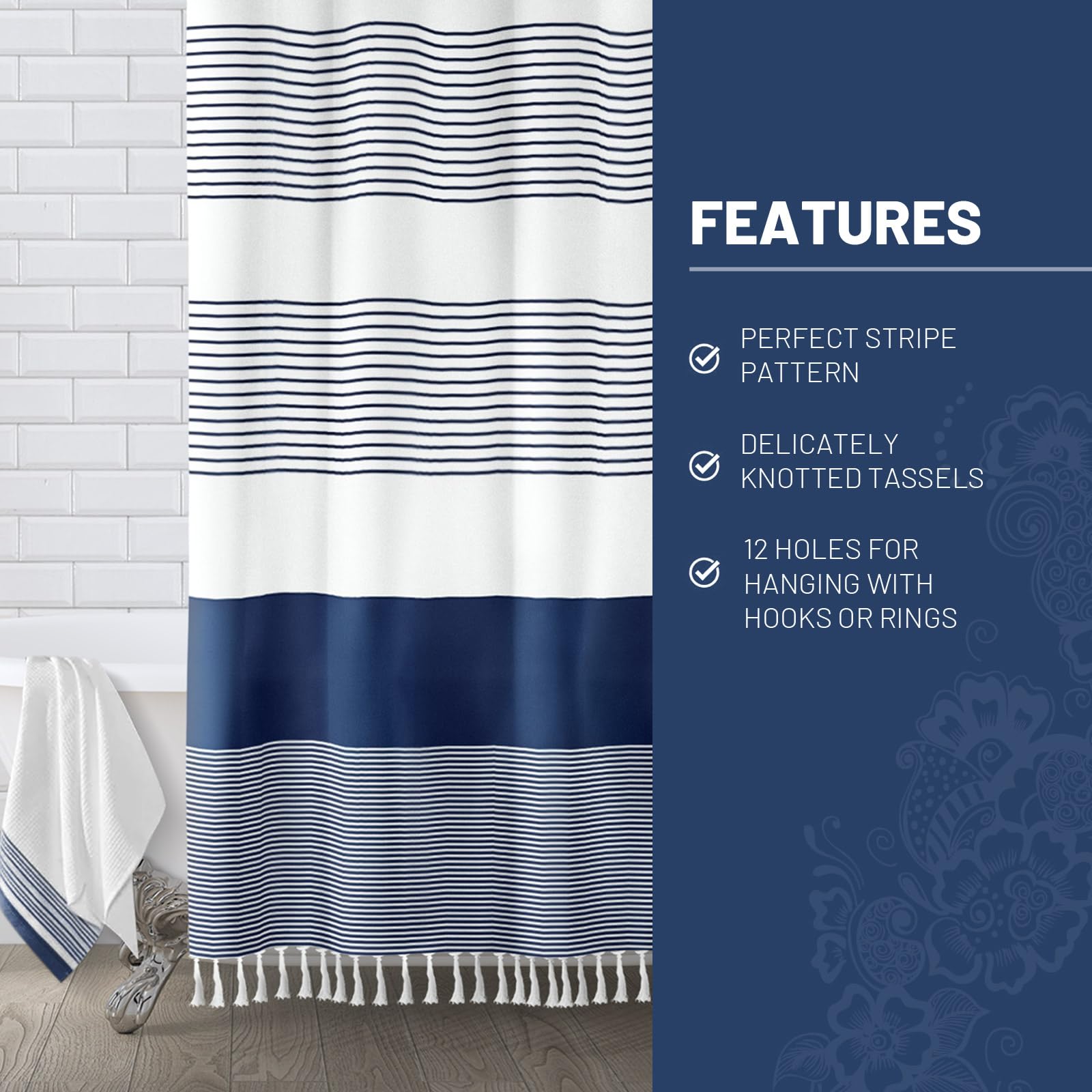 Awellife Navy Blue Shower Curtain For Bathroom Stripe Tassel Shower Curtain 72 X 78 Inches Farmhouse Linen Long