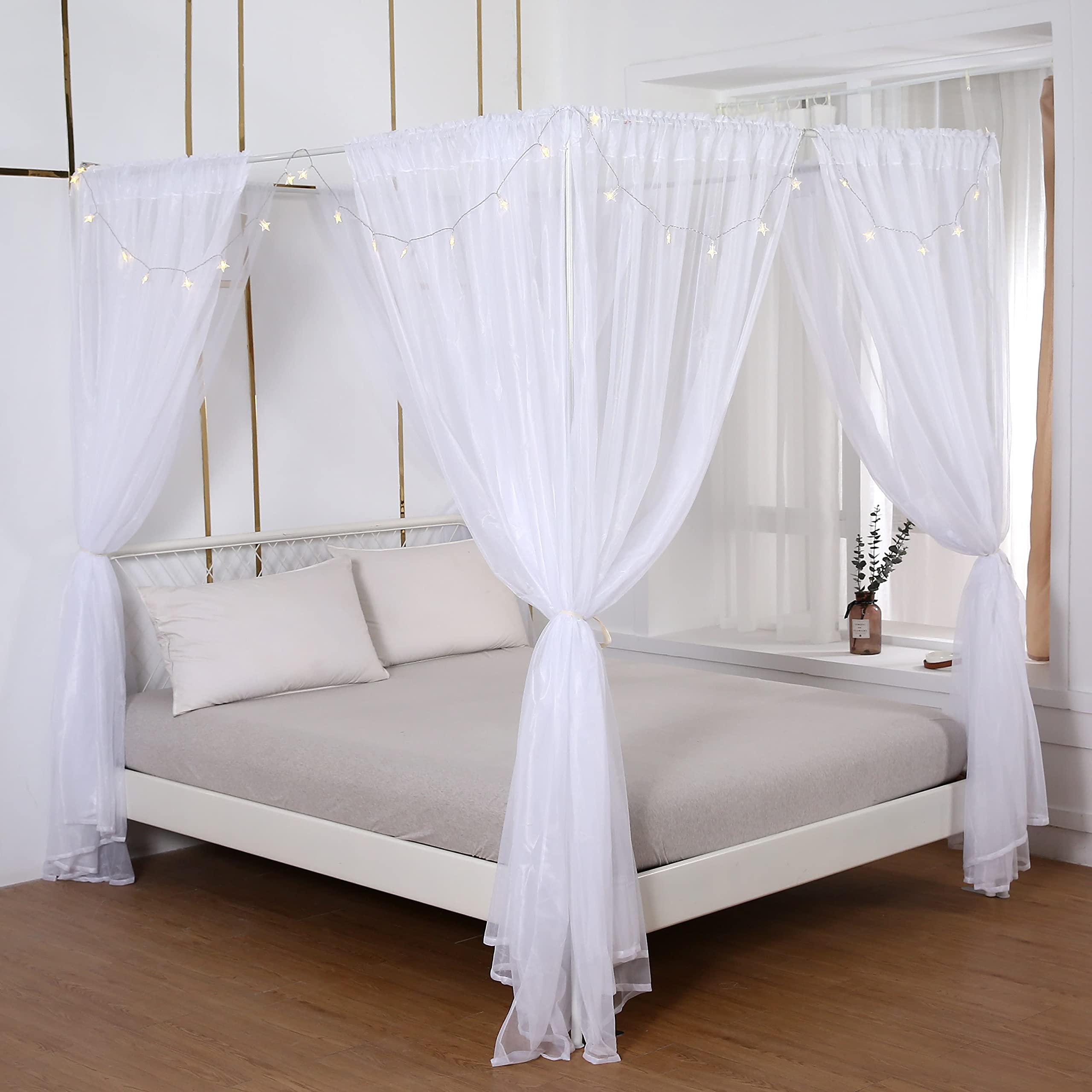 Akiky Princess Canopy Bed Curtains Bed Canopy Curtains With Lights For Queen Size Bed Drapes,8 Panels Canopies With 2 Lights,Roo