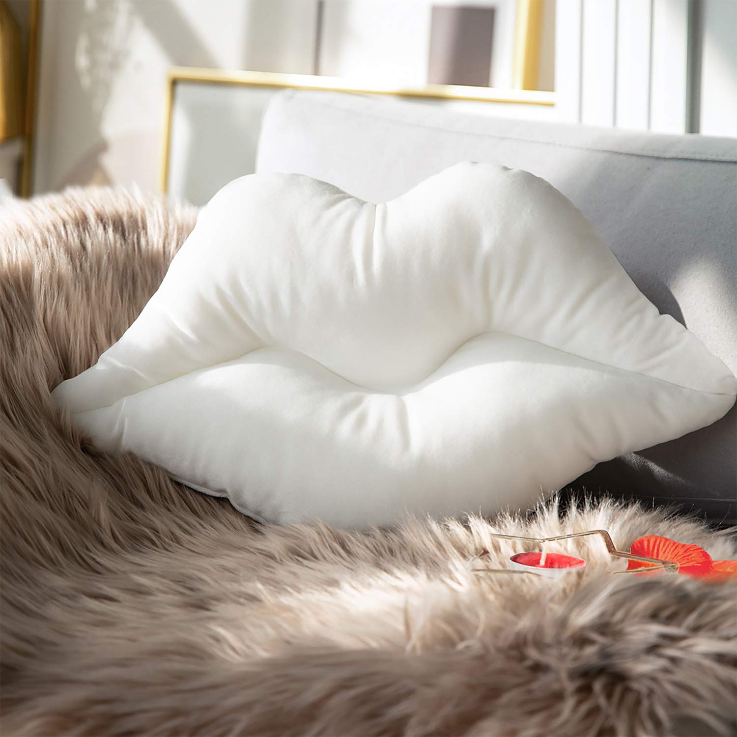 Ashler 3D Lips Throw Pillows Smooth Soft Velvet Insert Included Cushion for Couch Bed Living Room, True White, 24 X 12 inches