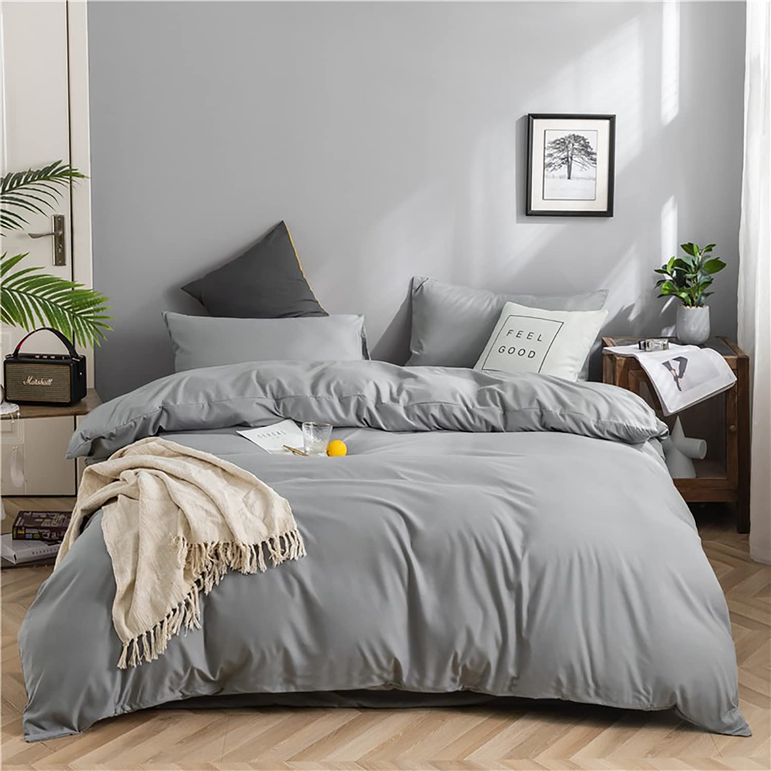 Karever Silver Grey Comforter Set Cal King Bright Gray Beddig Set For Kids Teens Adult Solid Silver Color Bedding Set 3 Pieces W