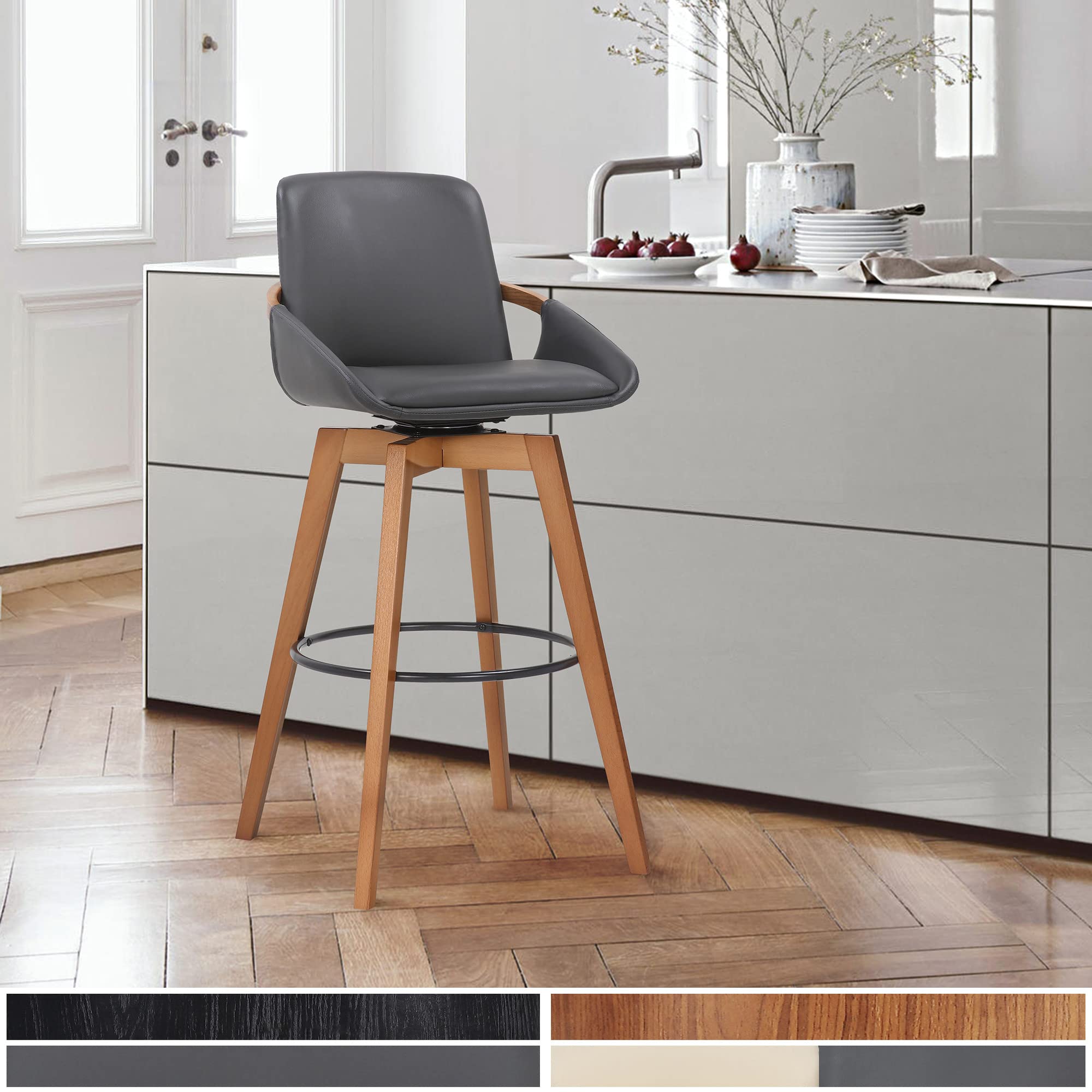 HomeRoots Gray Metal, Wood, Faux Leather 26' Luxurious Grey Faux and Walnut Wood Swivel Bar Stool