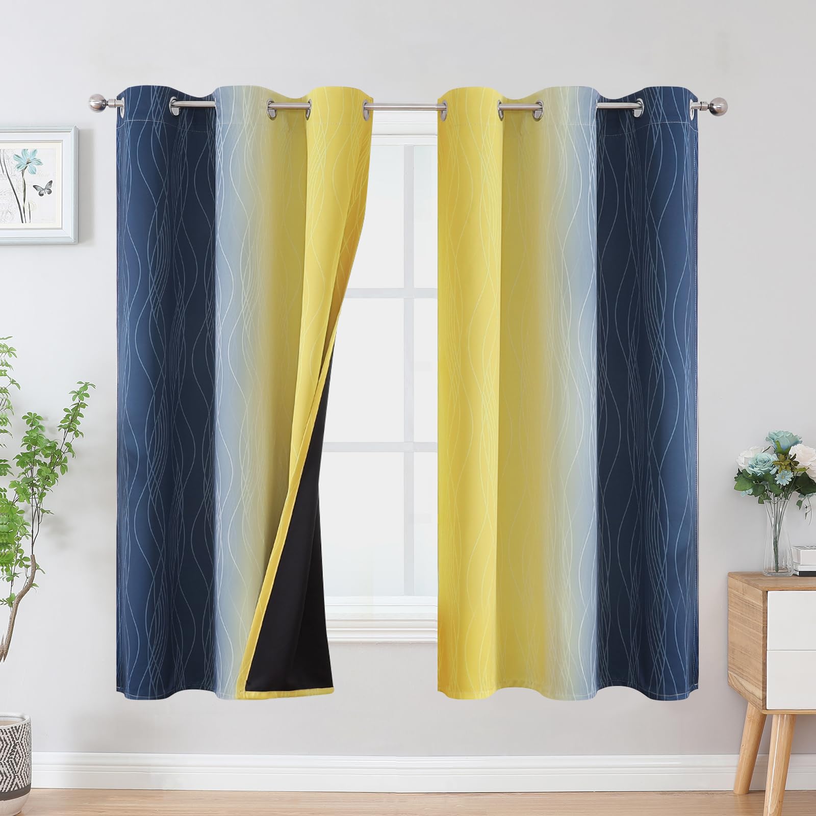 Estelar Textiler Yellow And Navy Blue Blackout Curtains For Boys Bedroom, Full Light Blocking Grommet Ombre Curtains For Living