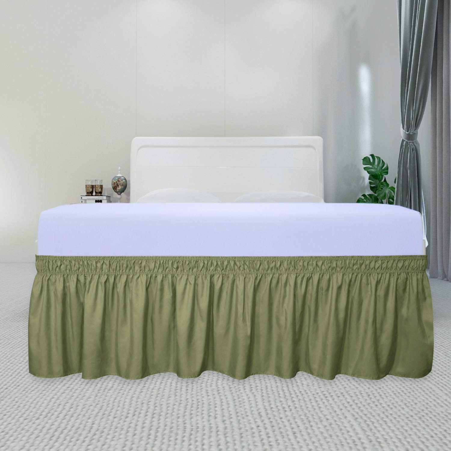 Purefit Wrap Around Ruffled Bed Skirt With Adjustable Elastic Belt - 18 Inch Drop Easy To Put On, Wrinkle Free Bedskirt Dust Ruffles, Bed Frame Cover For Twin,Twin Xl And Full Size Beds, Light Green