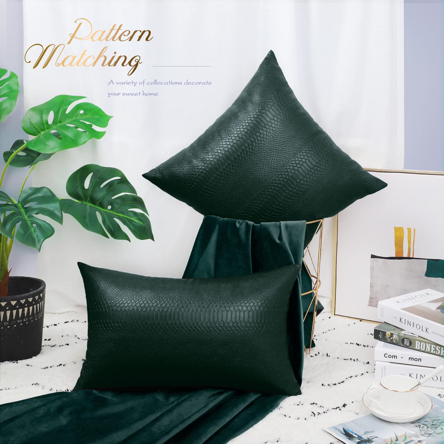 Brawarm Dark Green Leather Throw Pillows 22 X 22 Inches, Snake Leather Pillow Covers Pack Of 2, Faux Leather Decorative Pillow C