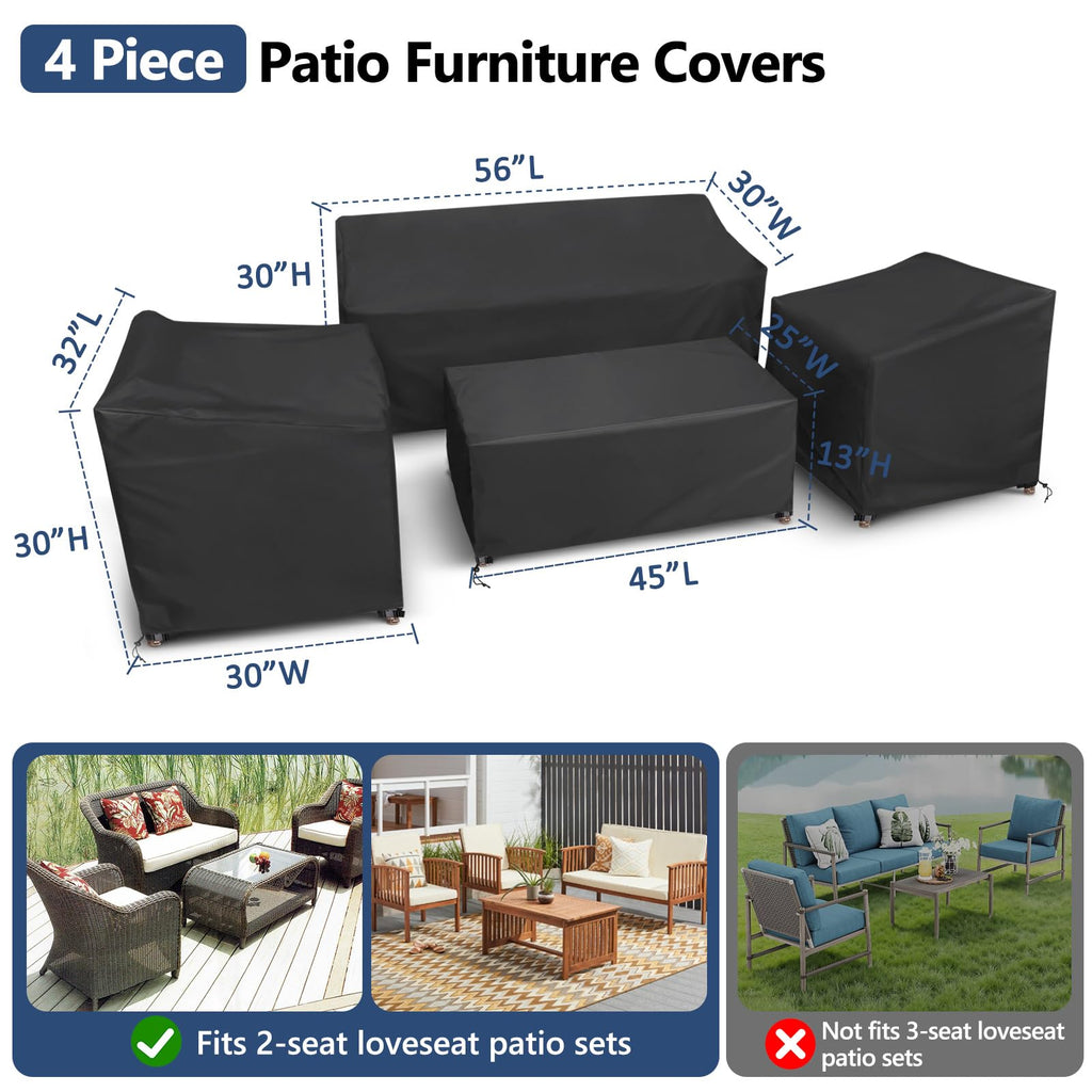 Startwo Outdoor Furniture Cover Waterproof, 4 Piece Patio Furniture Set Cover For Outside Couch, Lawn Chairs, Coffee Table, Windproof With Buckle Strap, Black