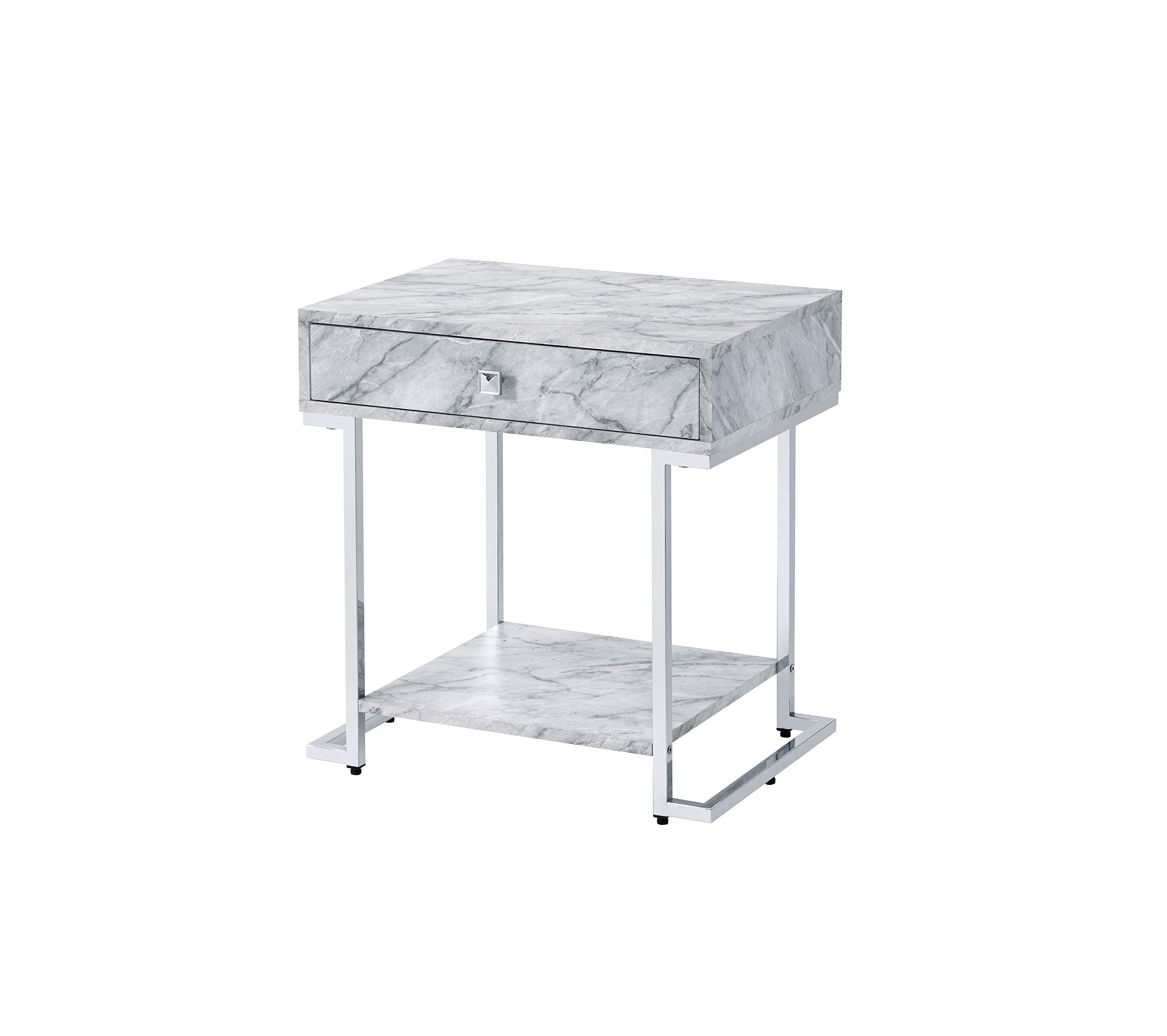 Acme Wither Faux Marble 1-Drawer Nightstand with Metal Base in White and Chrome