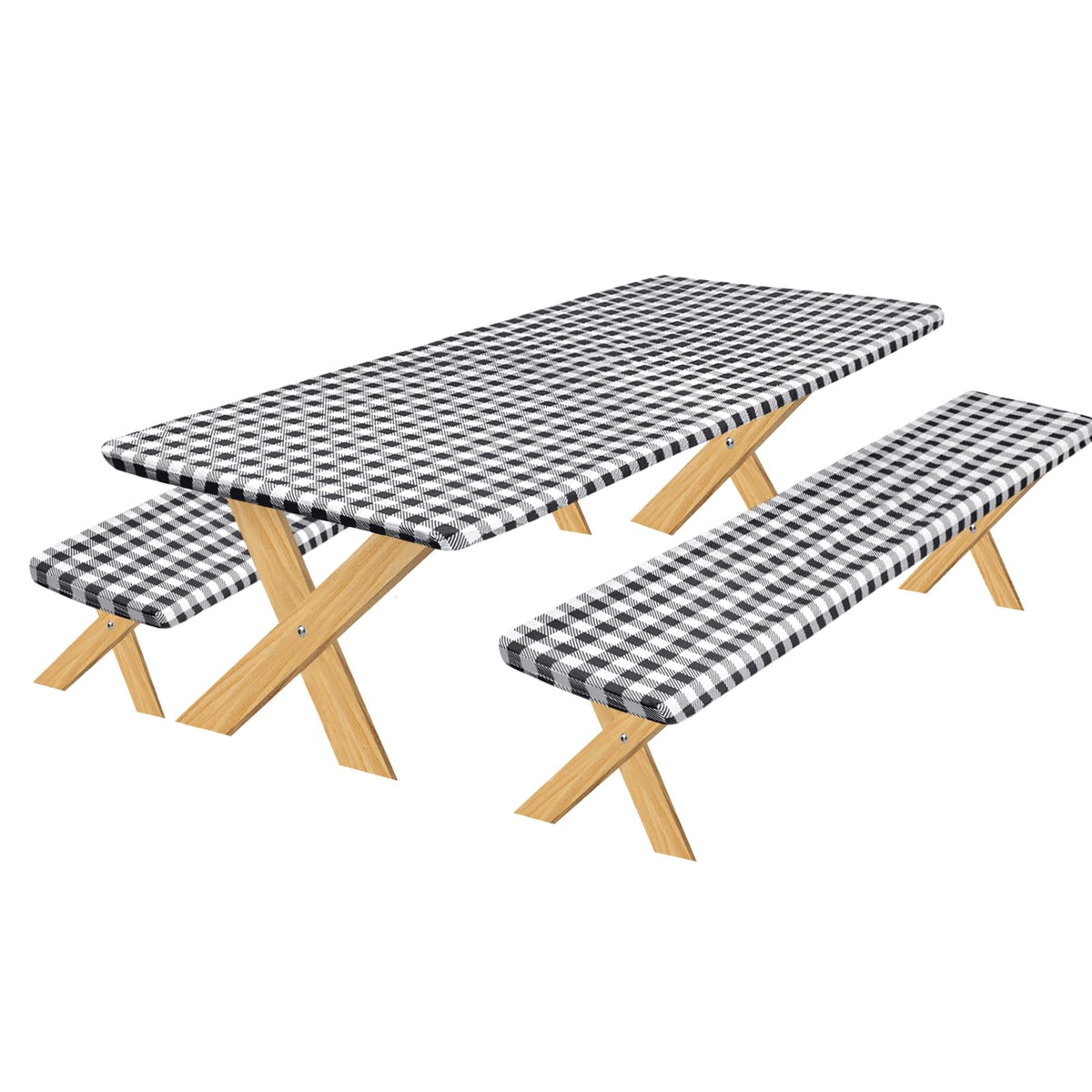 Outdoorlines Vinyl Fitted Picnic Table Cover With Bench Covers - Waterproof Camping Tablecloth For Picnic Table, Elastic Picnic Table Covers For Camping (Checkered Black, 96X30 Inch, 3 Pcs)