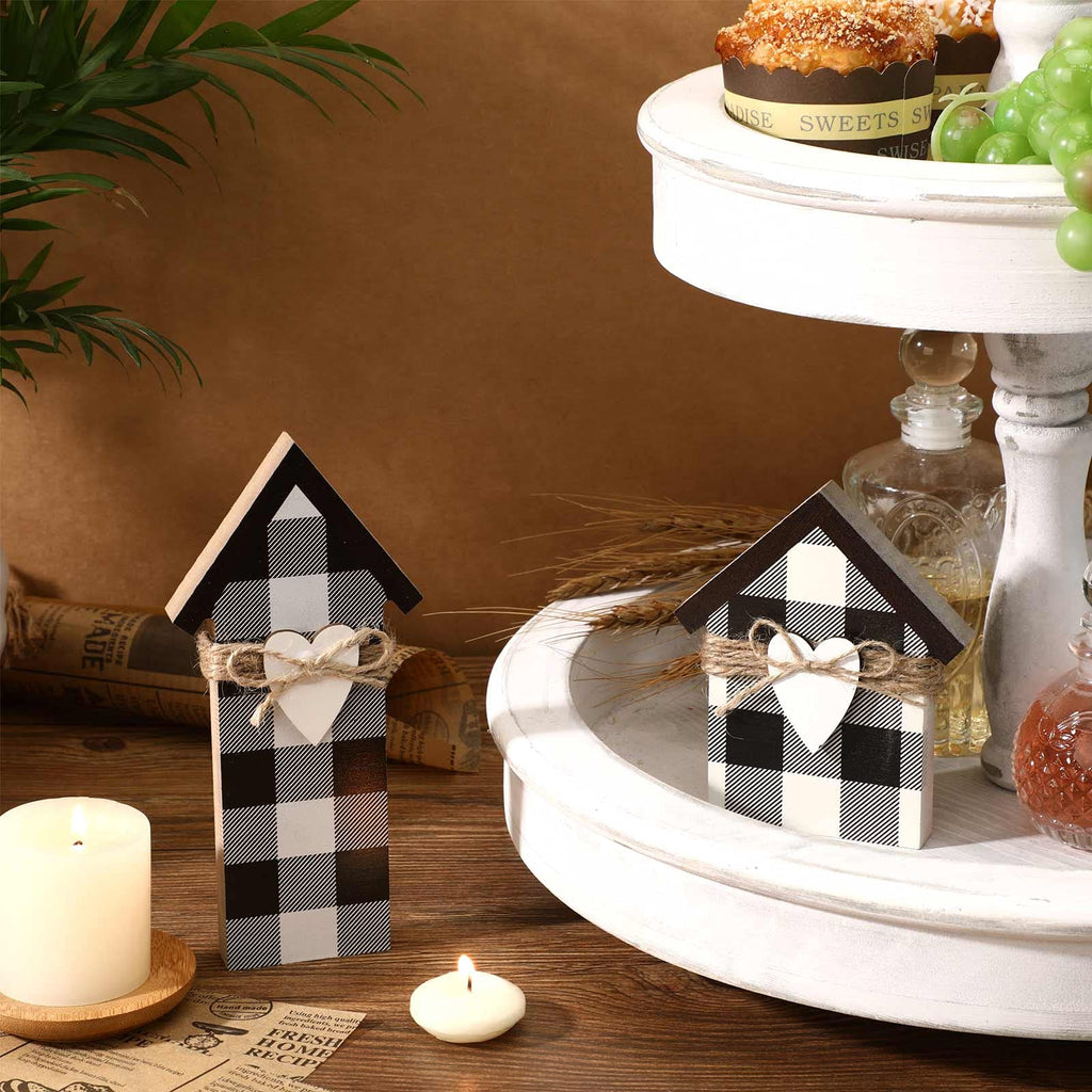 2 Pieces Buffalo Plaid Decor Wooden House Shaped Block Sign, Farmhouse Buffalo Plaid Home Sign Tiered Tray Decor For Christmas L