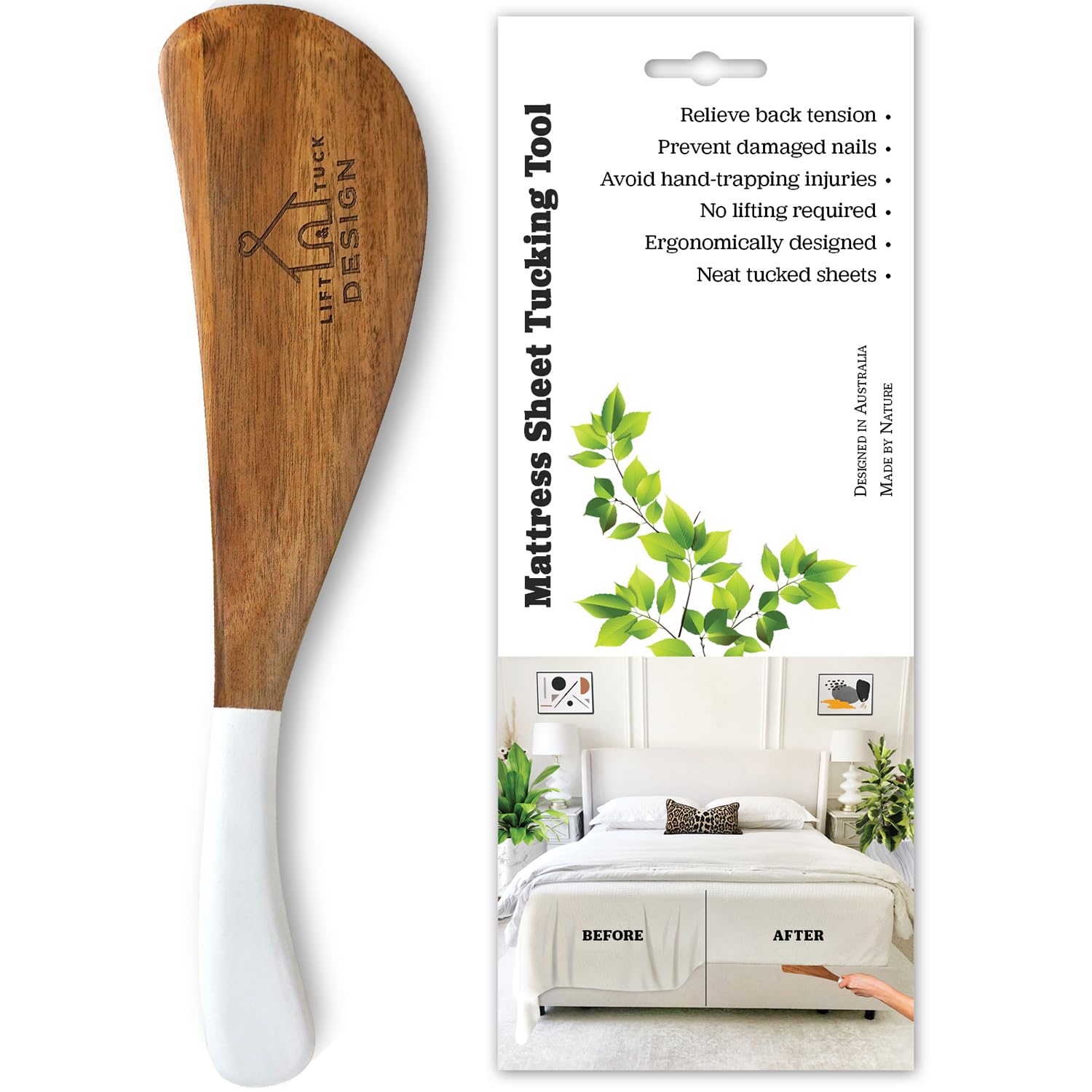 LIFT & TUCK DESIGN Bed Sheet Tucker Tool, Ergonomic Acacia Wood, 12.6" - Model WDTUCKER01, Relieves Back Pain, Wood Color