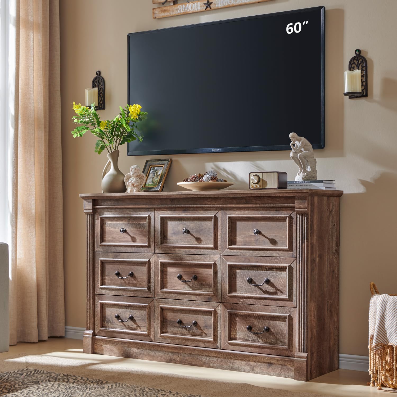 Aitjunz 9 Drawers Dresser For Bedroom, Farmhouse 55'' Wide Dressers & Chests Of Drawers W/Roman Column, Large Storage Dressers O