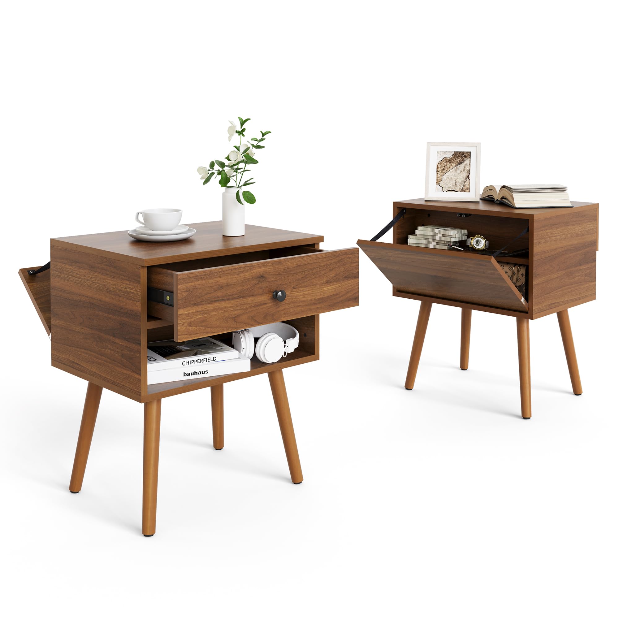 Mazefur Hidden Compartment Night Stand Set 2, Mid Century Modern Concealment Furniture, End Table with Storage Drawer, Bedside T