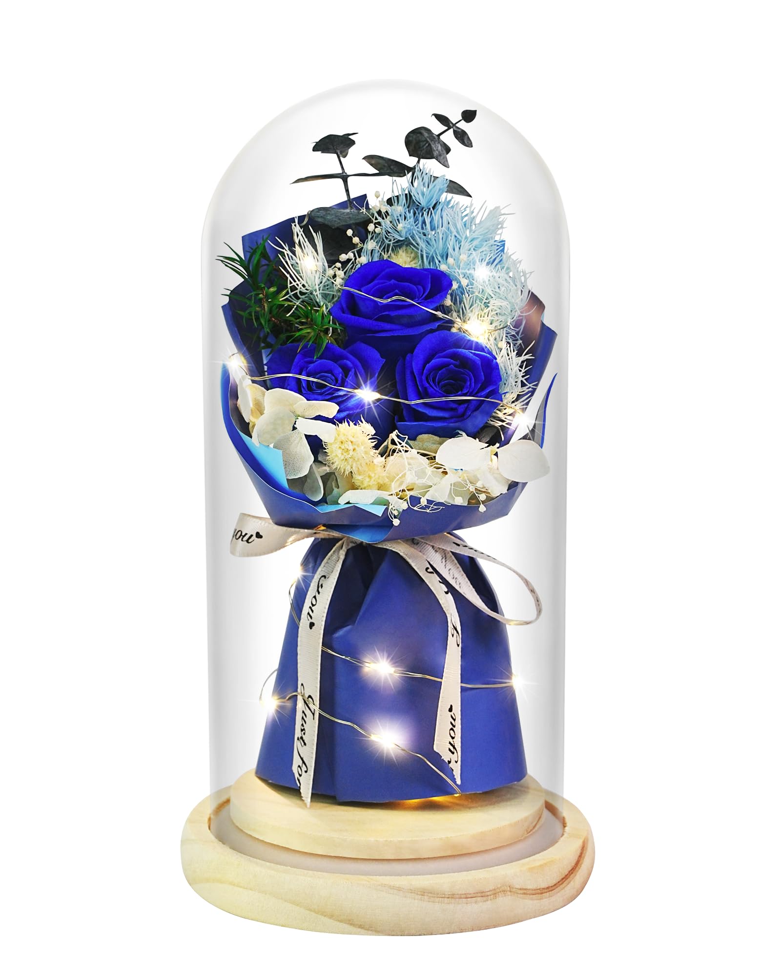 HVY Preserved Real Flowers Bouquet Gifts for Her,Forever Flowers Gift for Women,Preserved Blue Rose in Glass Dome with LED Light