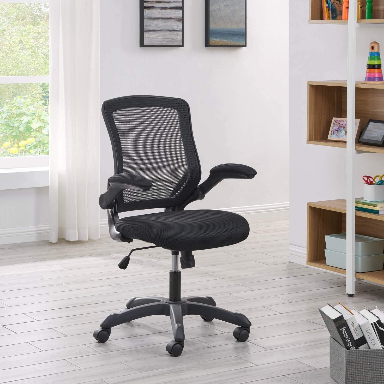 Modway Veer Office Chair with Mesh Back and Vinyl Seat With Flip-Up Arms in Black