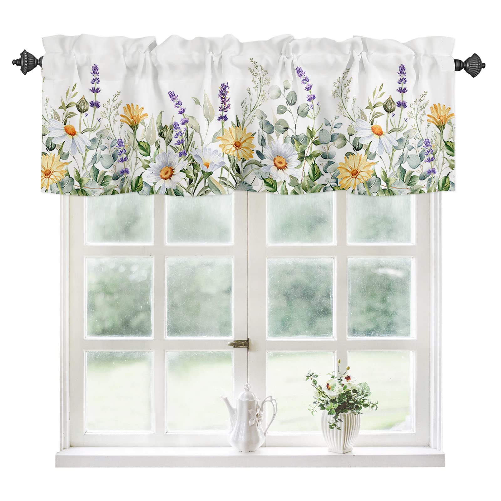 YOKOU Kitchen Curtains Valances, Lavender Daisy Flower Eucalyptus Leaves Watercolor Floral Spring Short Rod Pocket Valances for 