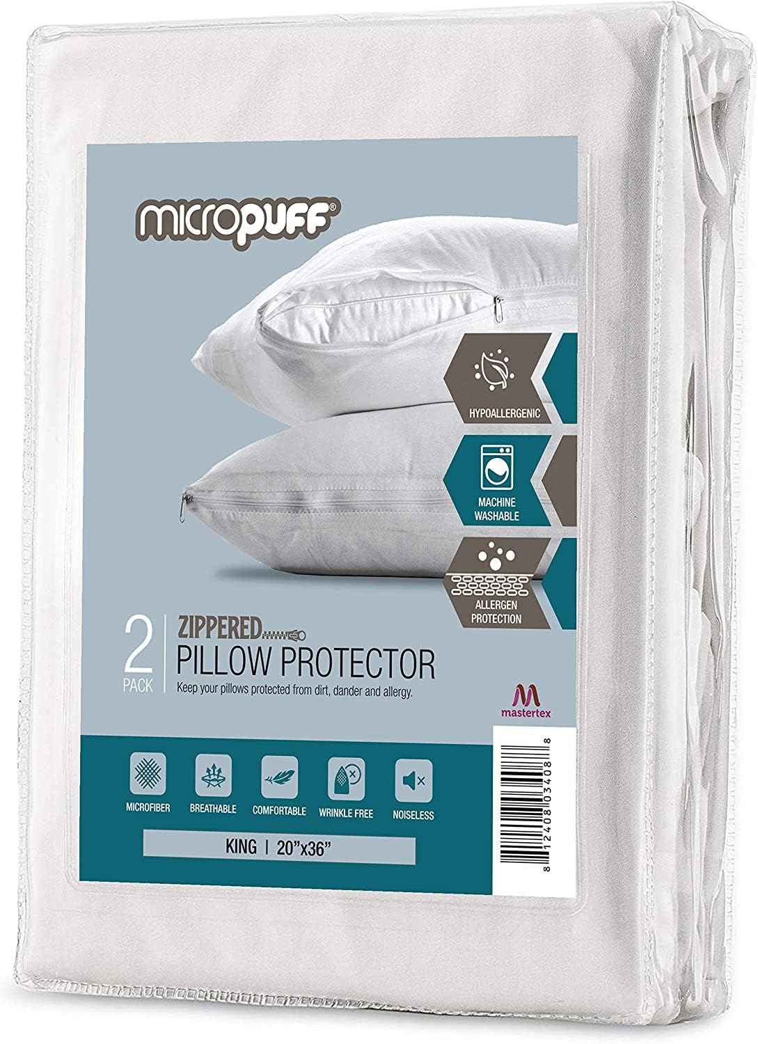 Micropuff King Size Pillow Protectors With Zipper - 2 Pack - Soft And Breatheable Pillow Cover. Pillowcase Protects Against Stai