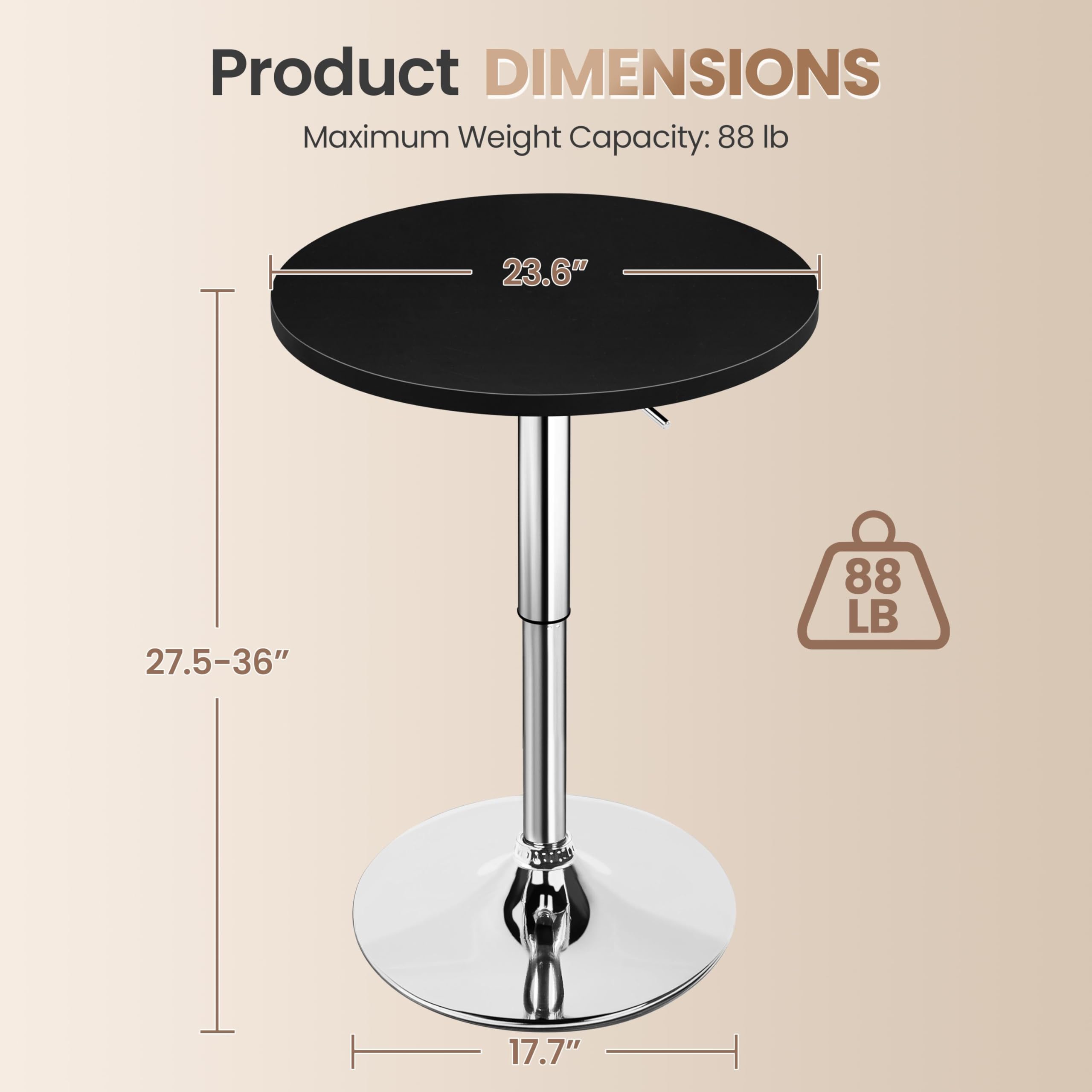 Yaheetech Round Bar Table, Adjustable Height And 360° Swivel Pub Tables, Cocktail Table With Mdf Top, Silver Leg Base For Bar, Bistro, Café, Black
