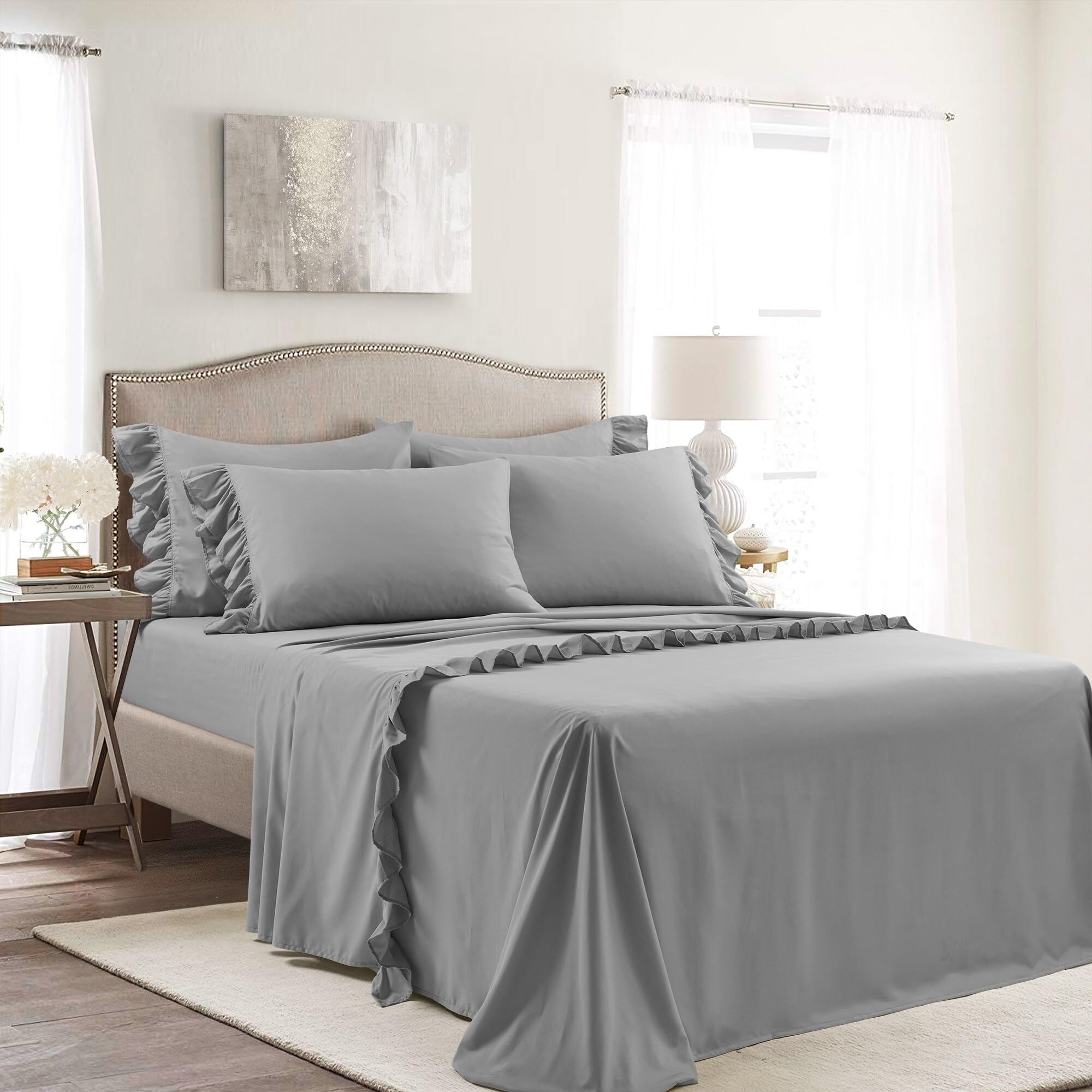 Lush Decor Reyna Ruffle Sheet Set, 6 Piece Set, Full, Dark Gray - Soft & Comfortable Sheets With Ruffles - Classic Elegant Bed S