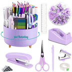 Gawsey Purple Desk Organizers And Accessories 10Pcs Set With 360-Degree Rotating Pen Holder, Tape Dispenser, Stapler, Staple Rem