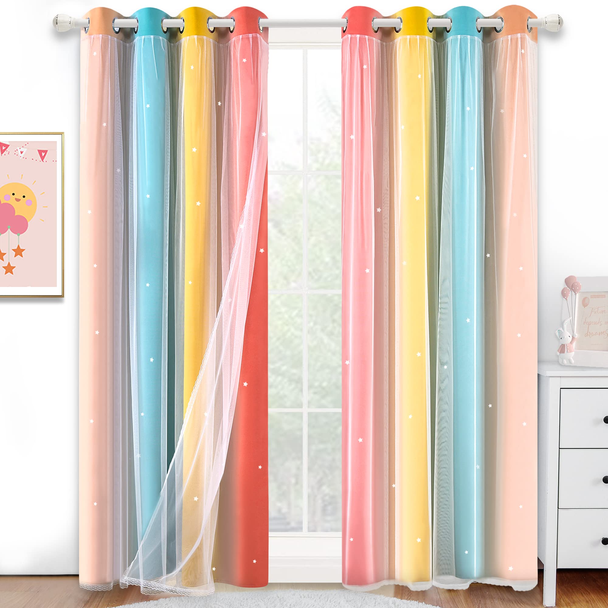 Kinryb Rainbow Star Cutout Curtains For Girls Colorful Stripe Double Layer Colorful Kids Blackout Curtains With White Sheer Livi