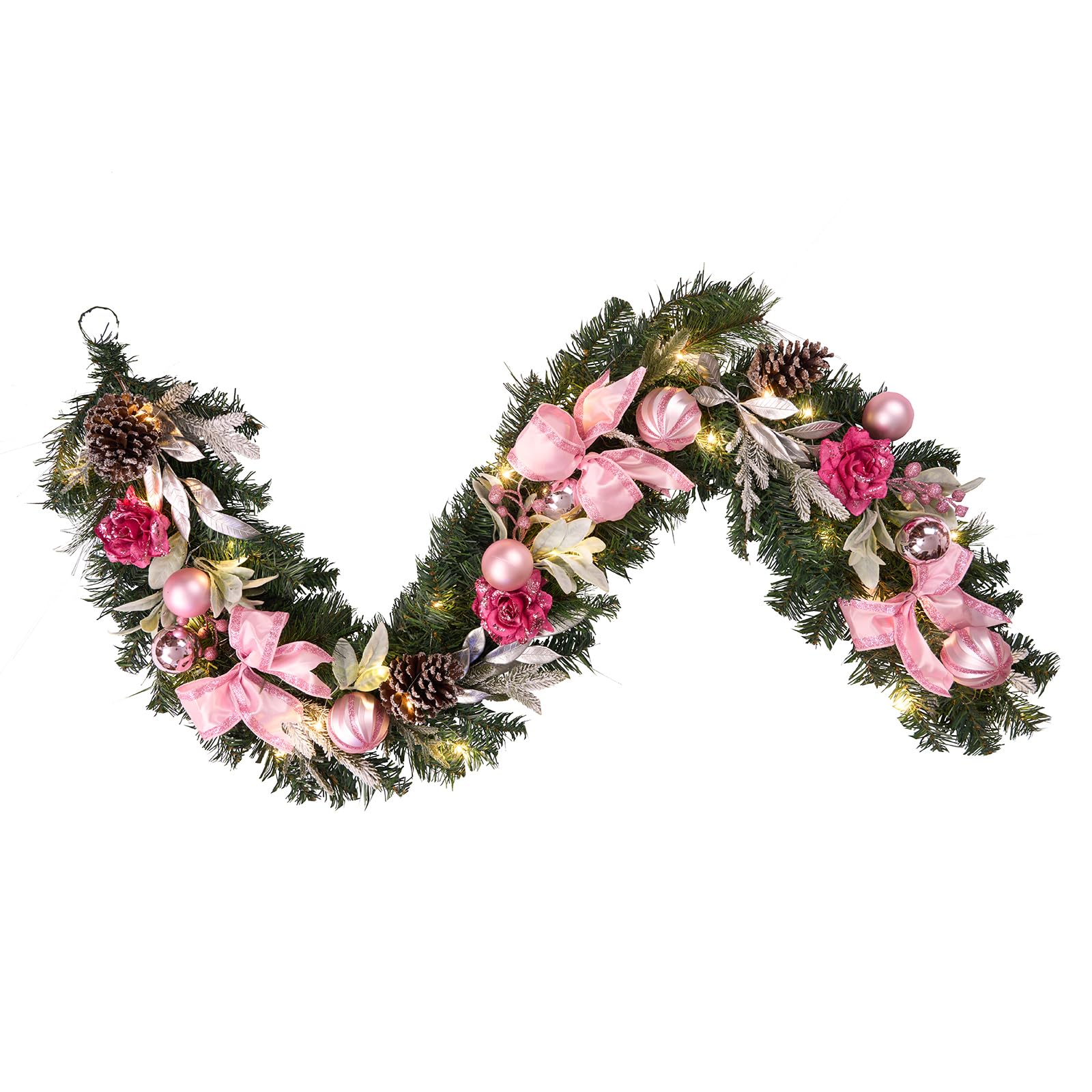 6 feet Christmas Pink Garland for Front Door with 30 LED Lights,Festive Lighted Holiday Garland Decor,prelit Mantel Garland with