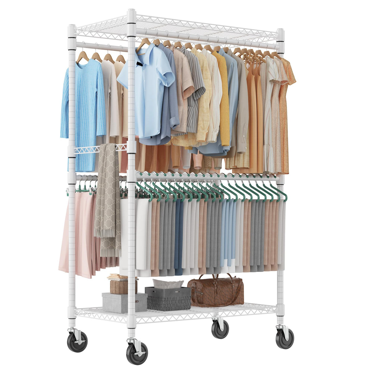 Homdox Heavy Duty Rolling Clothes Rack, Adjustable Clothing Rack for Hanging Clothes, Portable Closet Rack with 4 Hanging Rods, 