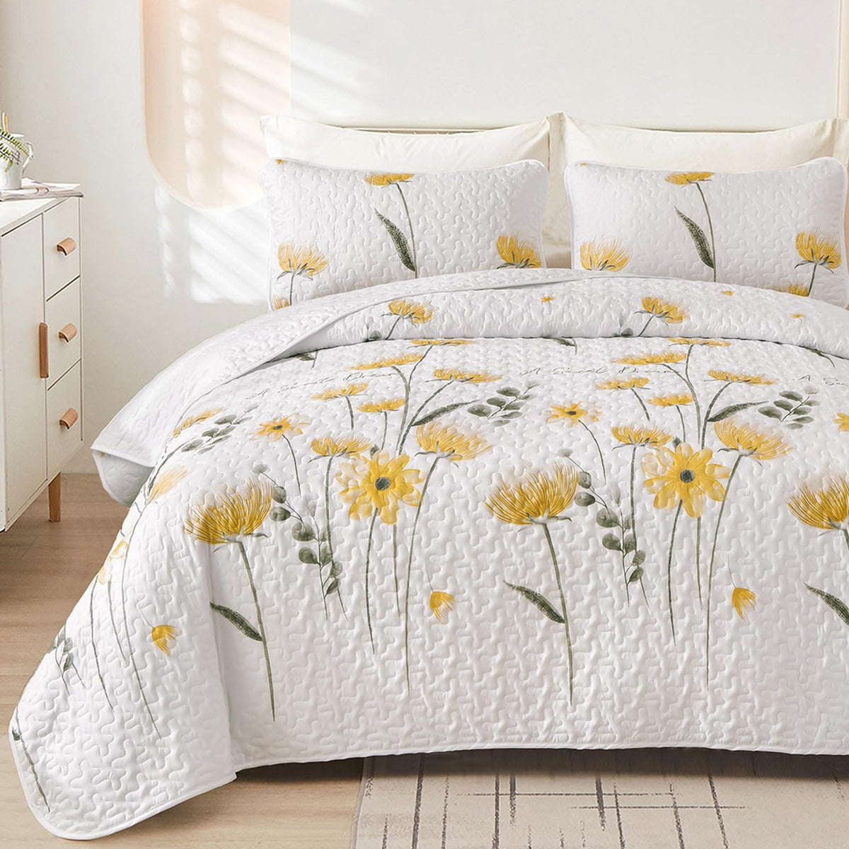 Dinjoy Quilt Set King Floral Bedspread Coverlet Yellow Quilts Bedding Microfiber Lightweight Summer Reversible Soft Farmhouse Be