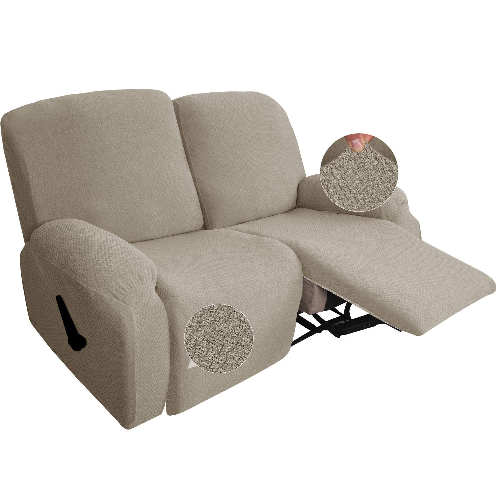 Jiviner Newest Design 6-Piece Recliner Chair Covers Stretch Jacquard Chair Covers For Recliner Recliner Slipcovers For Living Room Soft Recliner Protector With Pocket (Loveseat Recliner, Khaki)