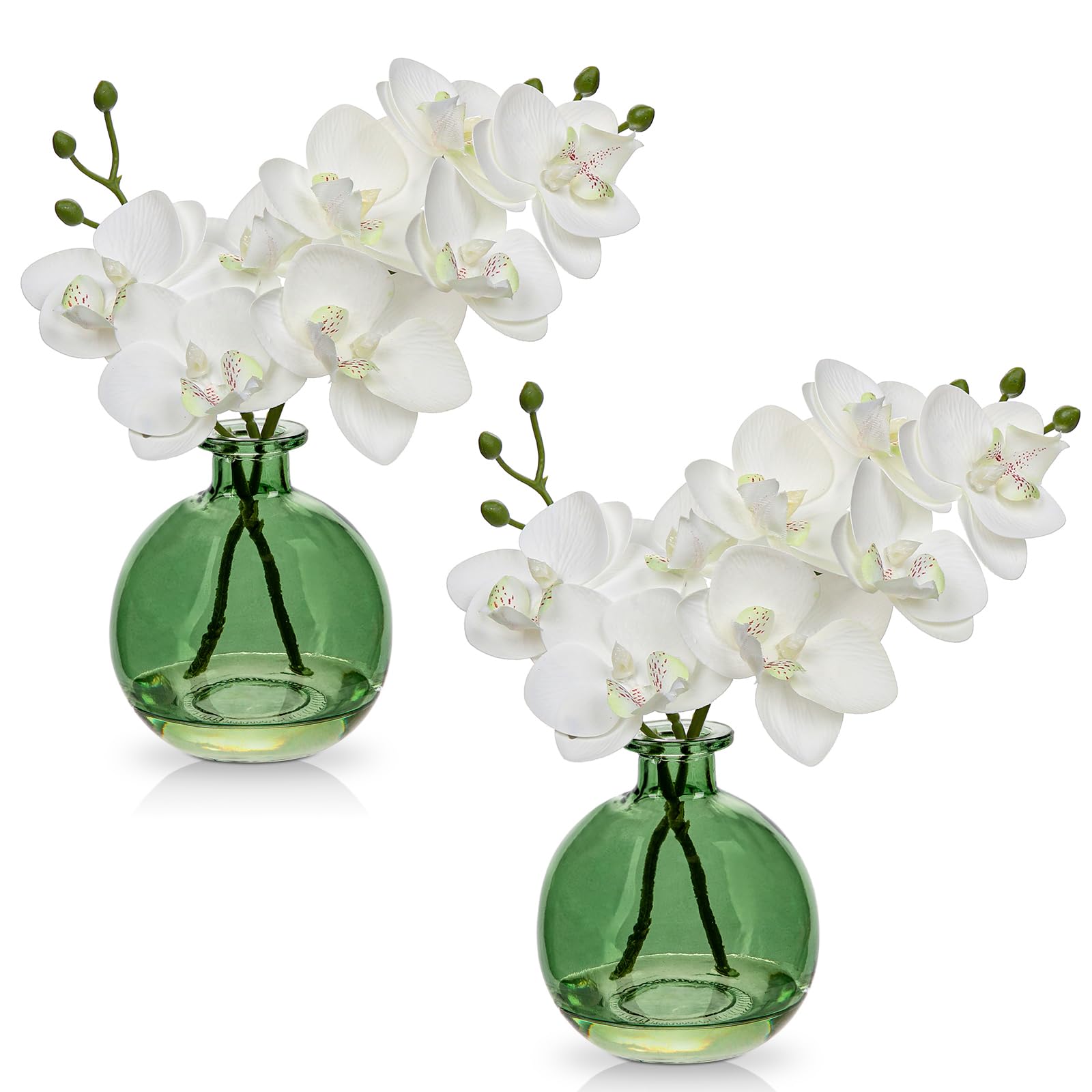 White Orchids Artificial Flowers Faux Orchid Arrangement with Light Green Glass Vase Set of 2 Real Touch Phalaenopsis Orchid Flo