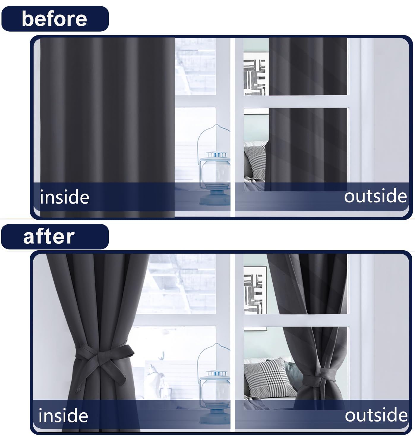 Hiasan Blackout Curtains 63 Inch Long Sewn With Tiebacks, Rod Pocket & Back Tab Charcoal Gray Thermal Insulated Drapes, Room Dar