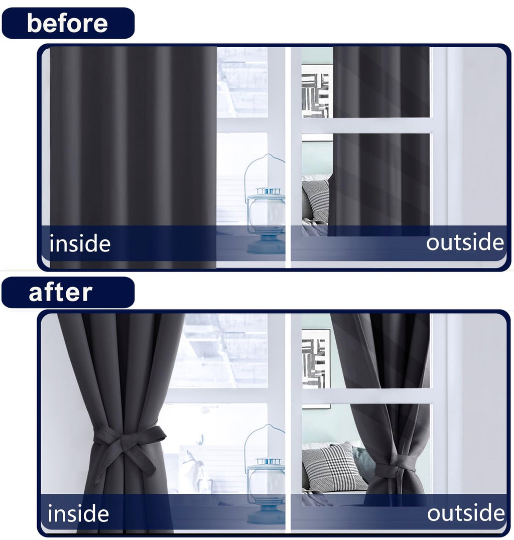Hiasan Charcoal Gray Blackout Curtains 54 Inch Long, Light Blocking Thermal Insulated Rod Pocket & Back Tab Drapes Sewn With Tie