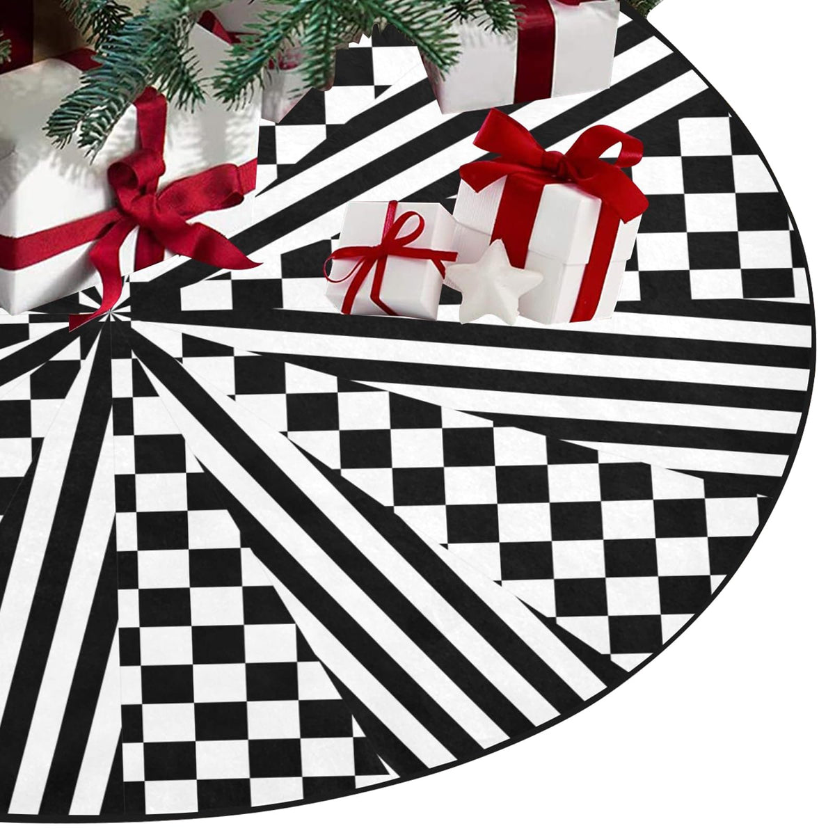 M YESCUSTOM Halloween Tree Skirt Black and White Checkered Racing Christmas Tree Skirt Mat for Holiday New Year Xmas Party Decor