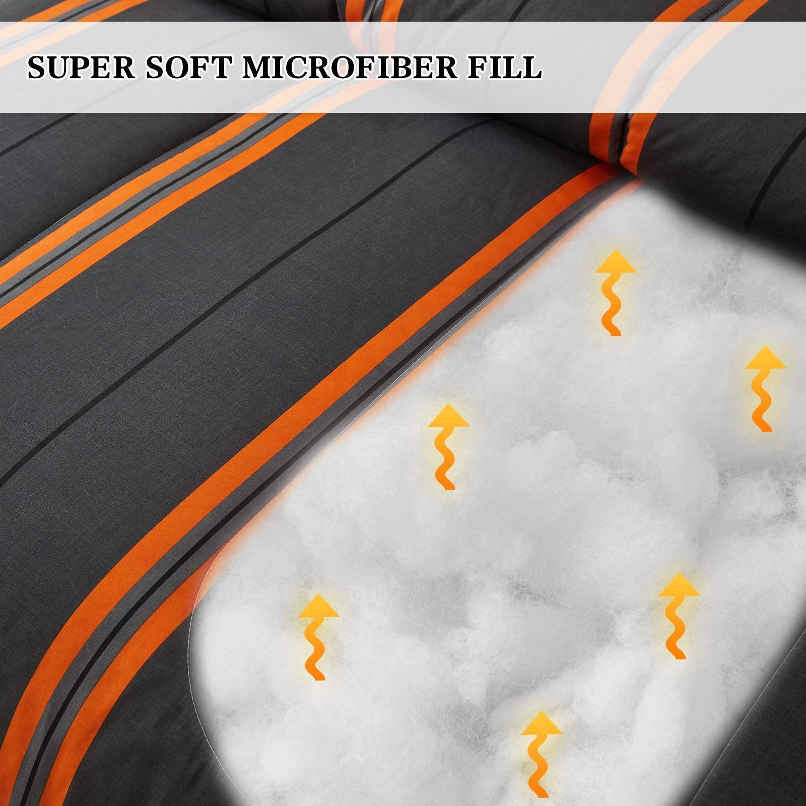 Flysheep 3 Pcs Modern Boho Halloween Comforter Set Twin Size For Kids, Bright Orange Striped On Black Dark Grey Soft Microfiber