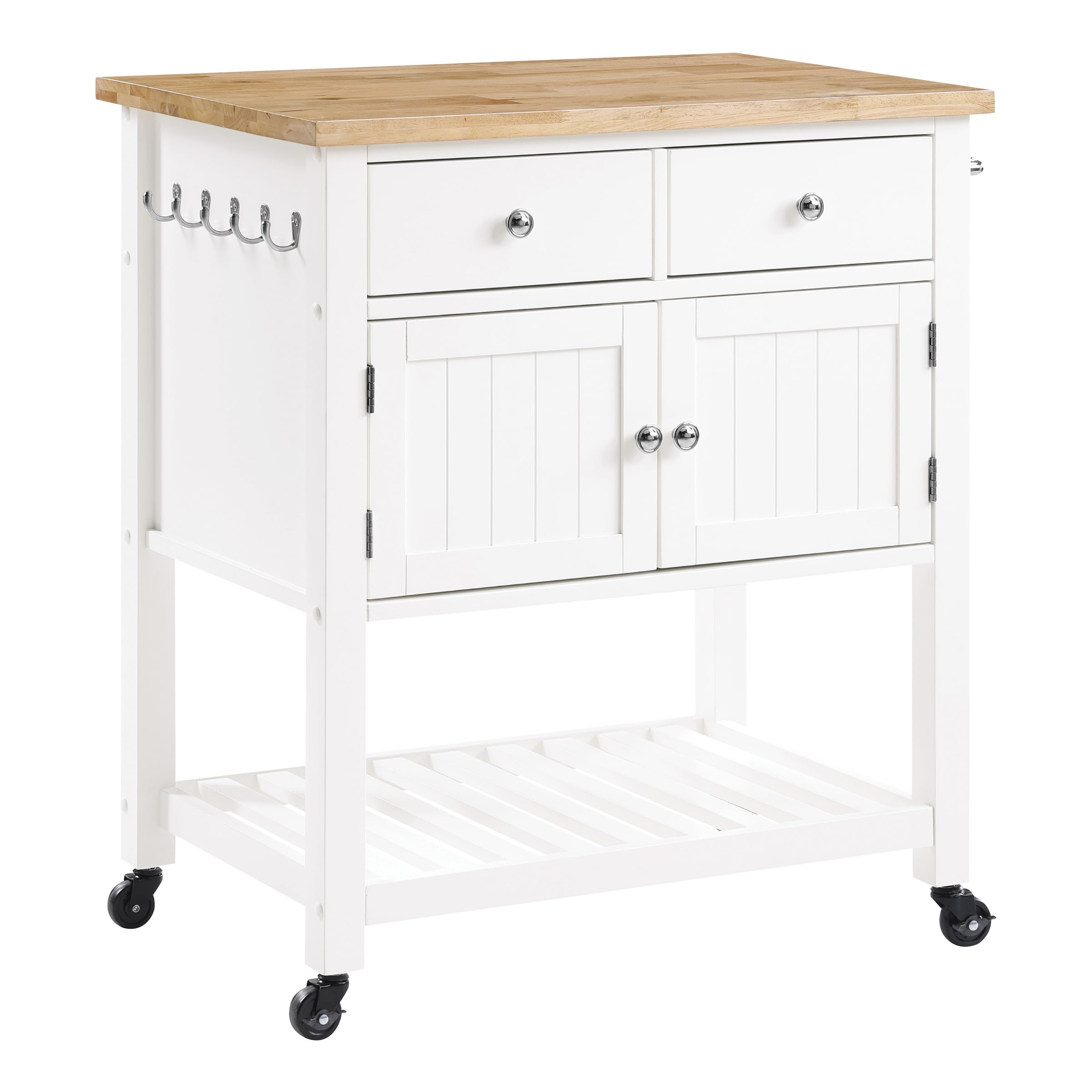 OSP Home Furnishings Stirling Farmhouse Kitchen Cart, Rolling Storage Cabinet with Drawers, Shelf, 5 Utility Hooks, White with W