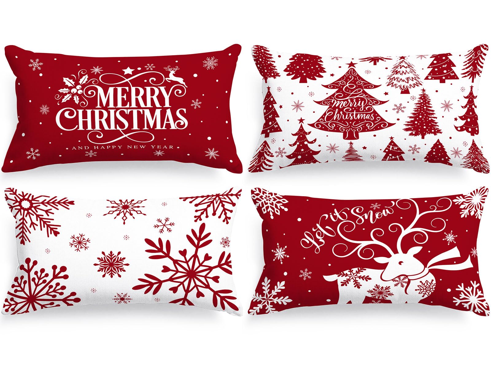 Lanpn White And Red 12X24 Christmas Lumbar Pillow Covers Set Of 4, Decorative Rectangle Long 12 X 24 Winter Snowflake Throw Pill