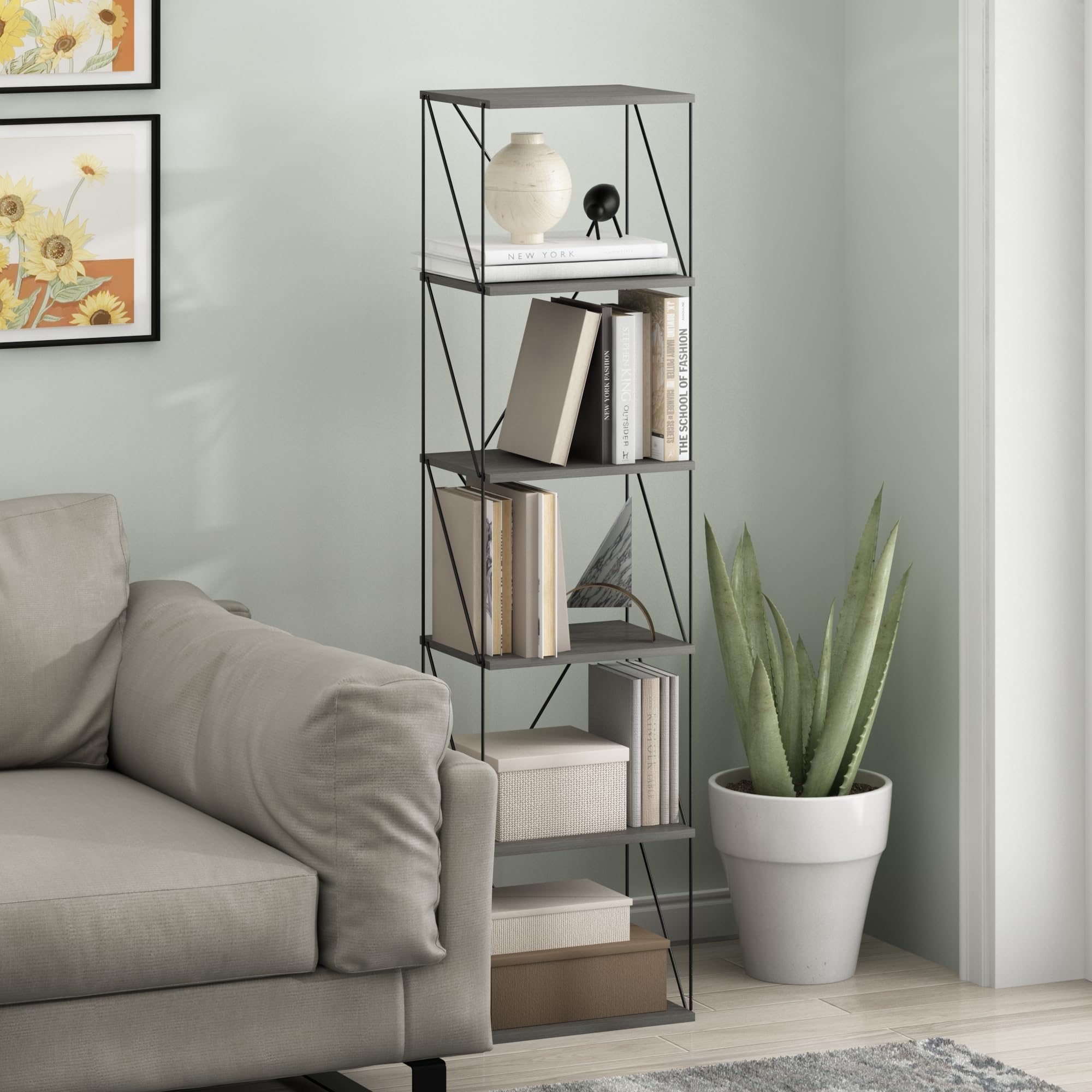 Furinno Rata 6-Tier Industrial Multipurpose Flat Base Shelf Display Rack with Metal Frame, Narrow, French Oak Grey