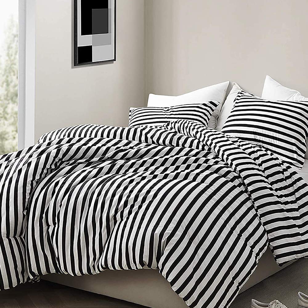 Luxlovery Black And White Comforter Set King Men Women Striped Bedding Comforter Set Farmhouse Ticking Stripes Bedding Blanket G
