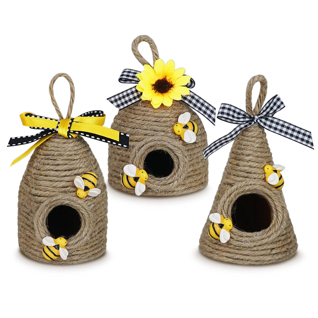 Bee Hive Decor,3 Pack Bumble Bee Rustic Decor Hive,Natural Bee House, Bumble Bee Theme Party Decor Spring Summer Rustic Farmhous