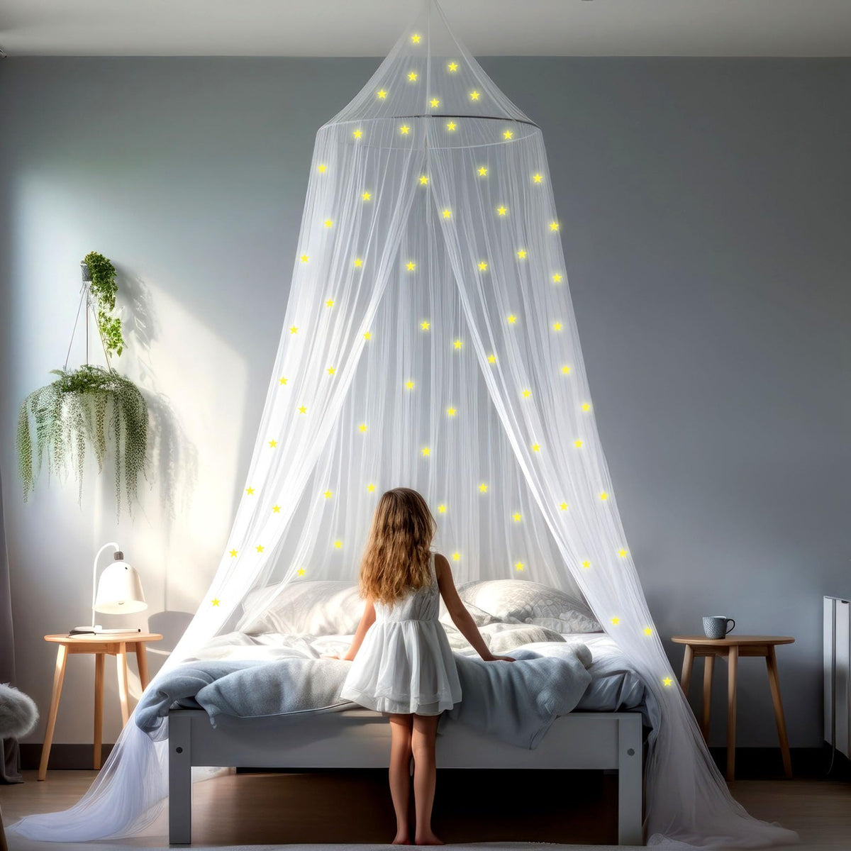 Canopy For Girls Bed With Pre-Glued Glow In The Dark Stars - Princess Mosquito Net Room Decor - Kids & Baby Bedroom Tent With Ga