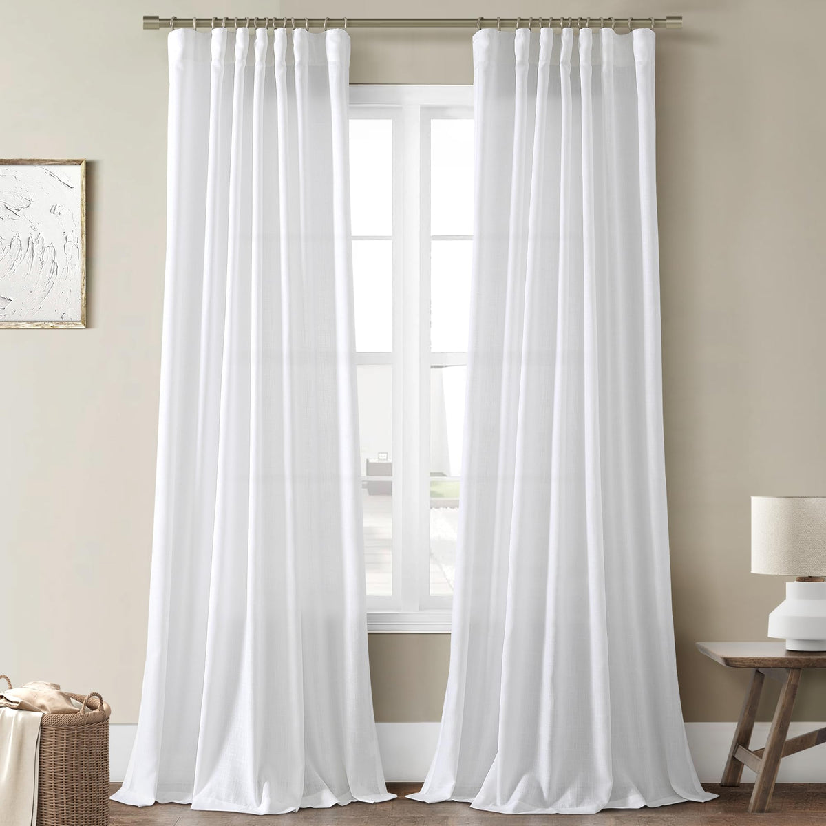 Joywell White Linen Curtains 96 Inches Long Pleated Back Tab Semi Sheer Window Covering Light Airy Privacy Panels For Bedroom Living Room Aesthetic Sheer Boho Curtains 52X96 Inch Length Set Of 2