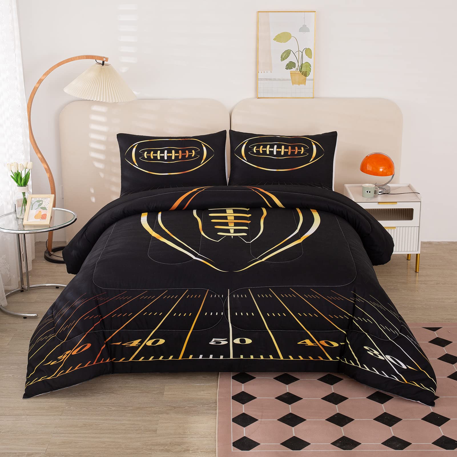 Mwmwmw Football Comforter Set Full, Full Size Comforter Set For Boys, Black And Gold Sports Bedding Set For Boys Girls Teens, 3-