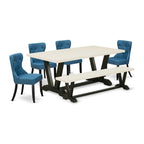 East West Furniture V627Si121-6 6 Piece Dining Table Set Contains A Rectangle Dining Room Table With V-Legs And 4 Blue Linen Fabric Parson Chairs With A Bench, 40X72 Inch, Multi-Color