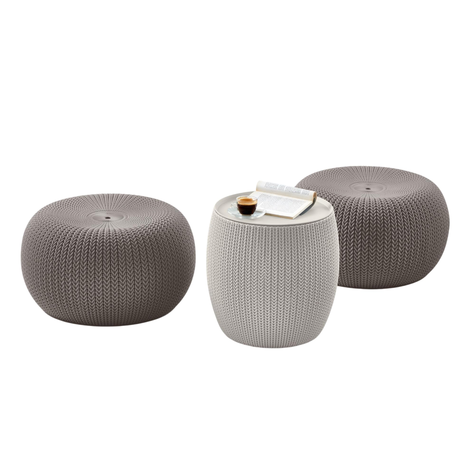 KETER Urban Knit Pouf Ottoman Set of 2 with Storage Table for Patio and Room D  cor-Perfect for Balcony, Deck, and Outdoor Seati
