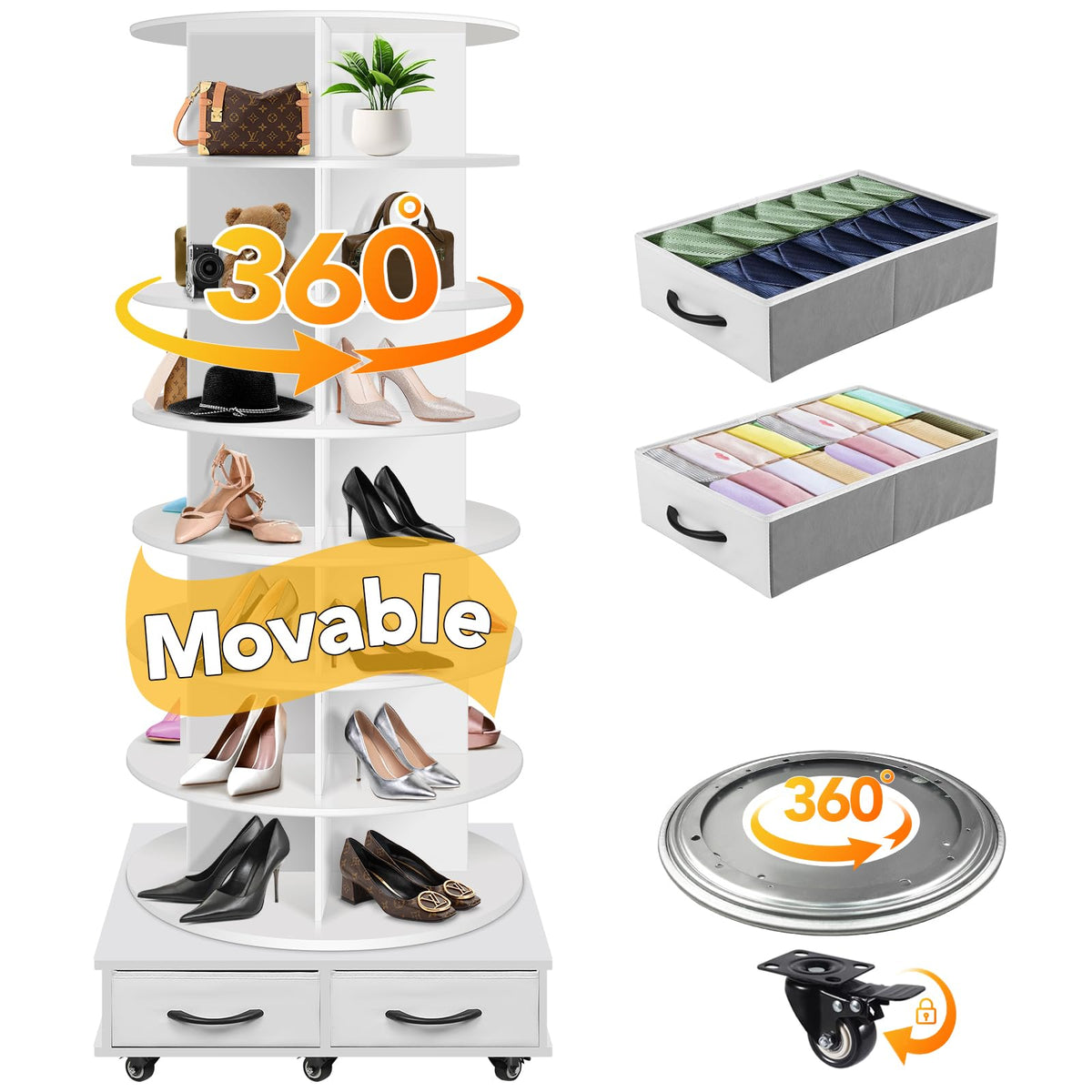 RUNSUNSPRI 8 Tier Rotating Shoe Rack Tower Contains 2 Drawers