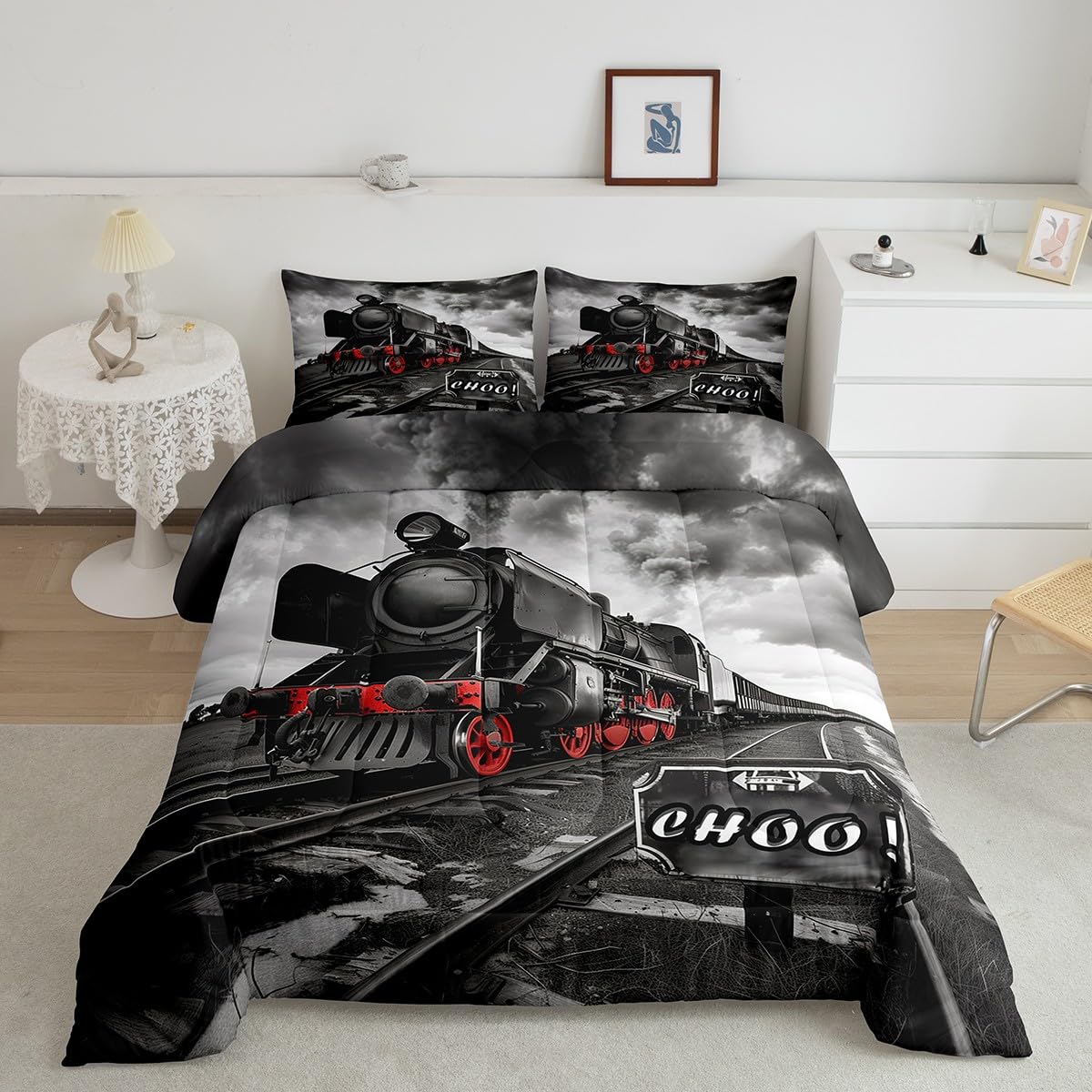 Retro Train Kids Comforter Set Full Size,Black Red Old Train Car Bedding Set Rail Transportation Vehicles Quilt Set For Girls Bo